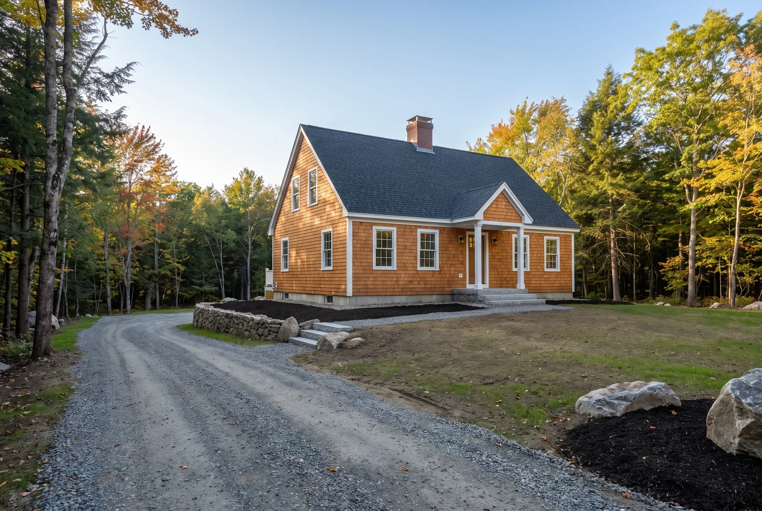 New Cape Cod home in Waterboro, ME: Single-story house with brown cedar shingle siding, white trim, dark roof, brick chimney, surrounded by mature trees and gravel driveway.