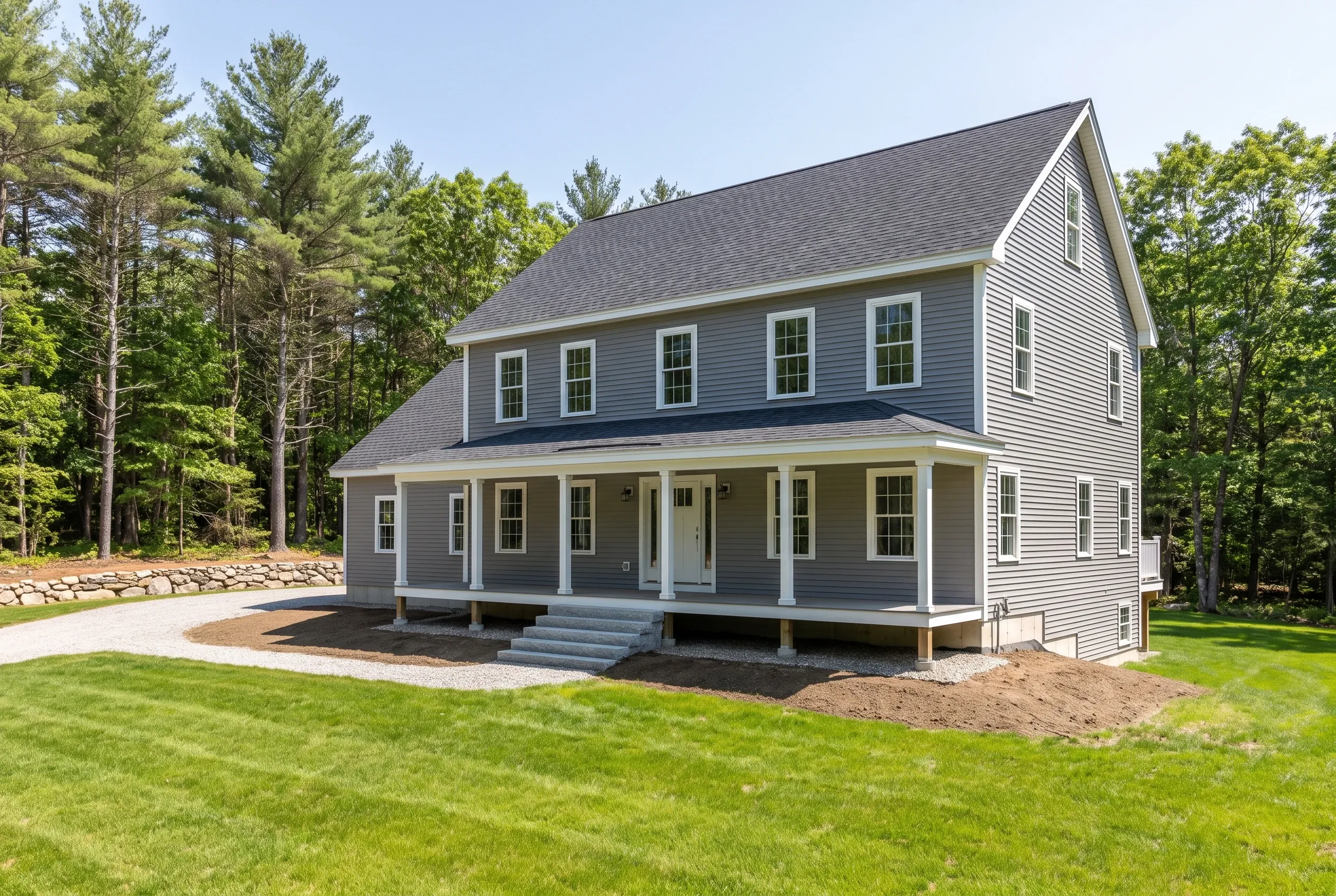 Custom home builder in Waterboro, ME: Two-story farmhouse with gray vinyl siding, white trim, gray roof, front porch, surrounded by pine trees and green lawn.