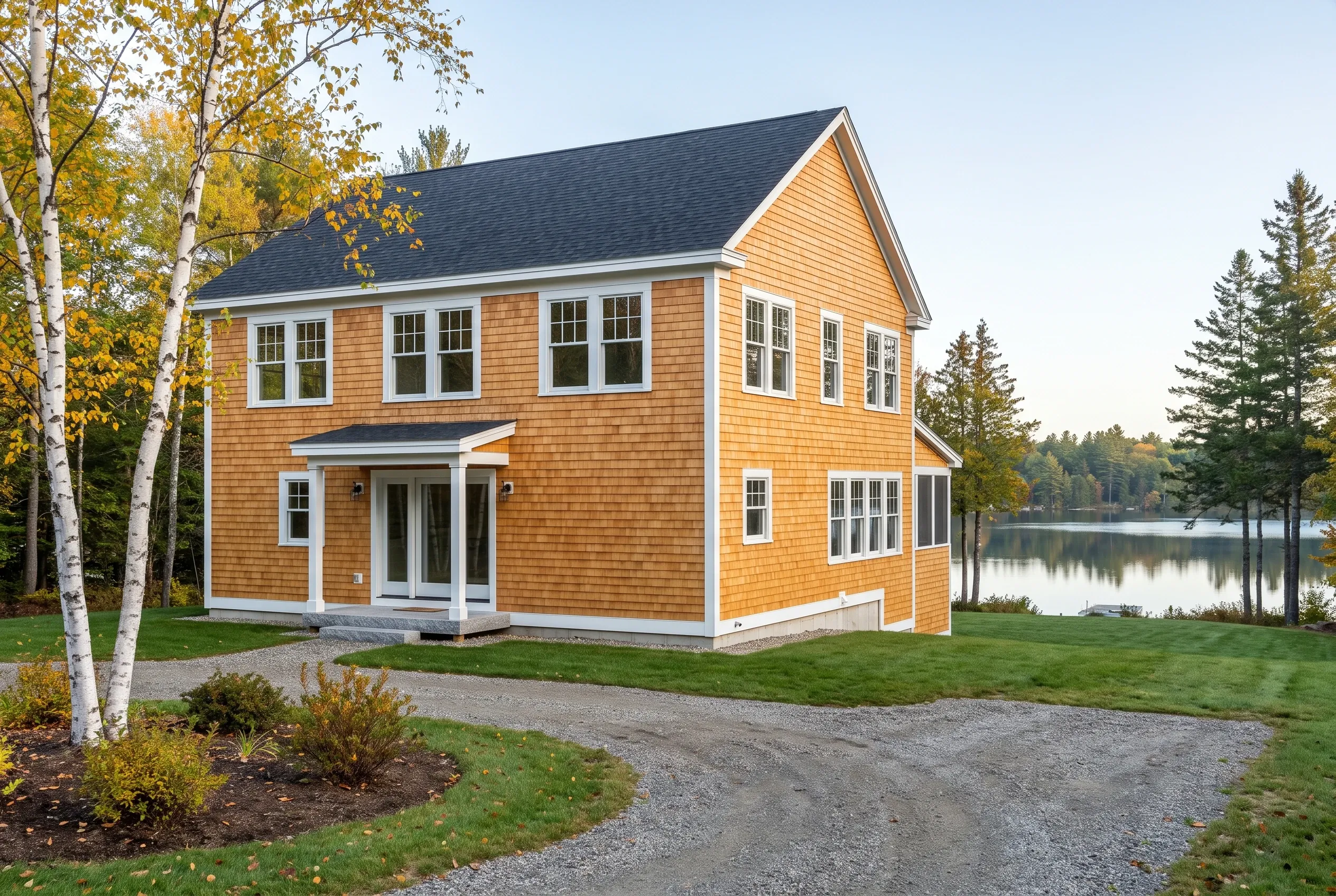Modern farmhouse in Waterboro, ME: Two-story house with golden-brown cedar shingle siding, white trim and windows, dark roof, front entry portico, gravel driveway, on landscaped lawn with birch trees and lake view.