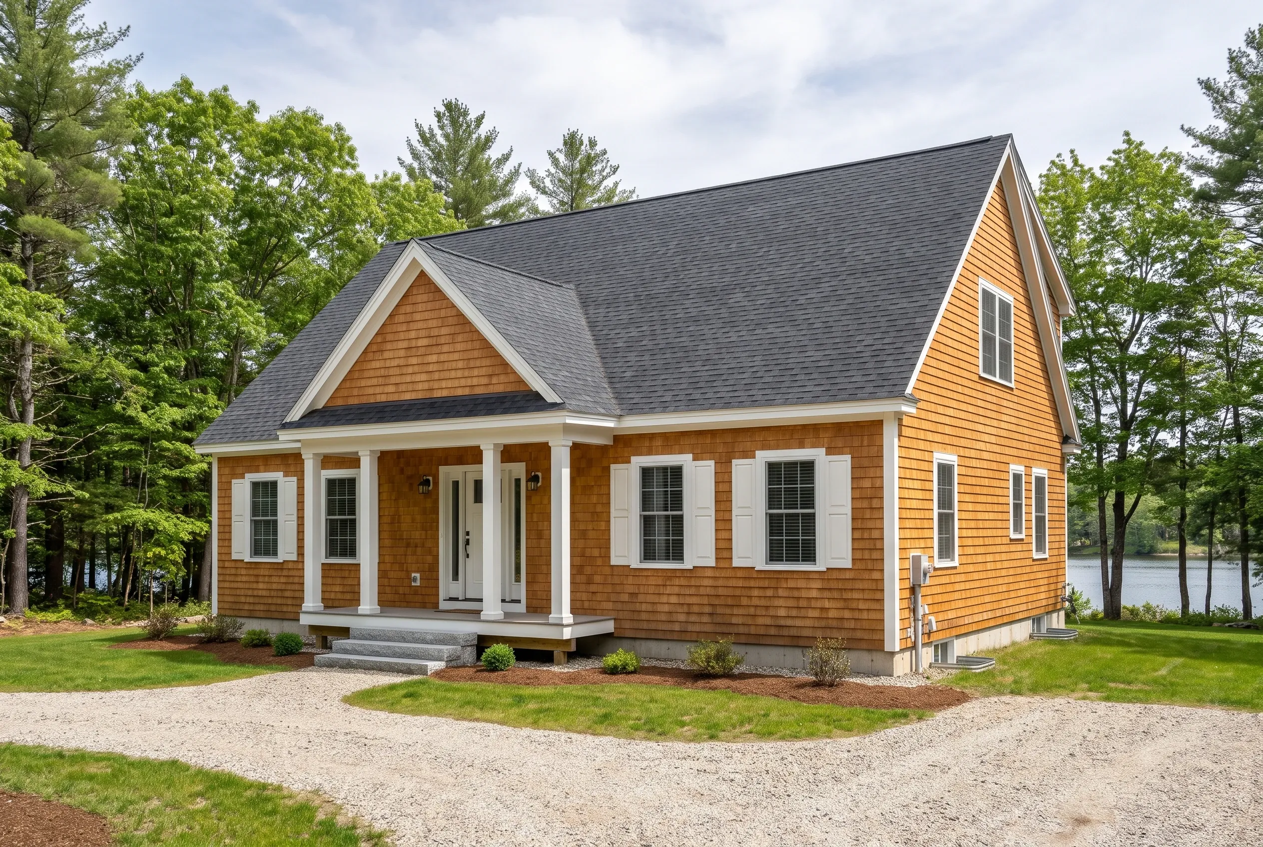 New cottage with cedar shingle siding in Waterboro, ME: A single-story house with golden-brown cedar shingles, white trim, and a dark gray shingled roof sits on a gravel driveway surrounded by green lawn and trees near a lake.