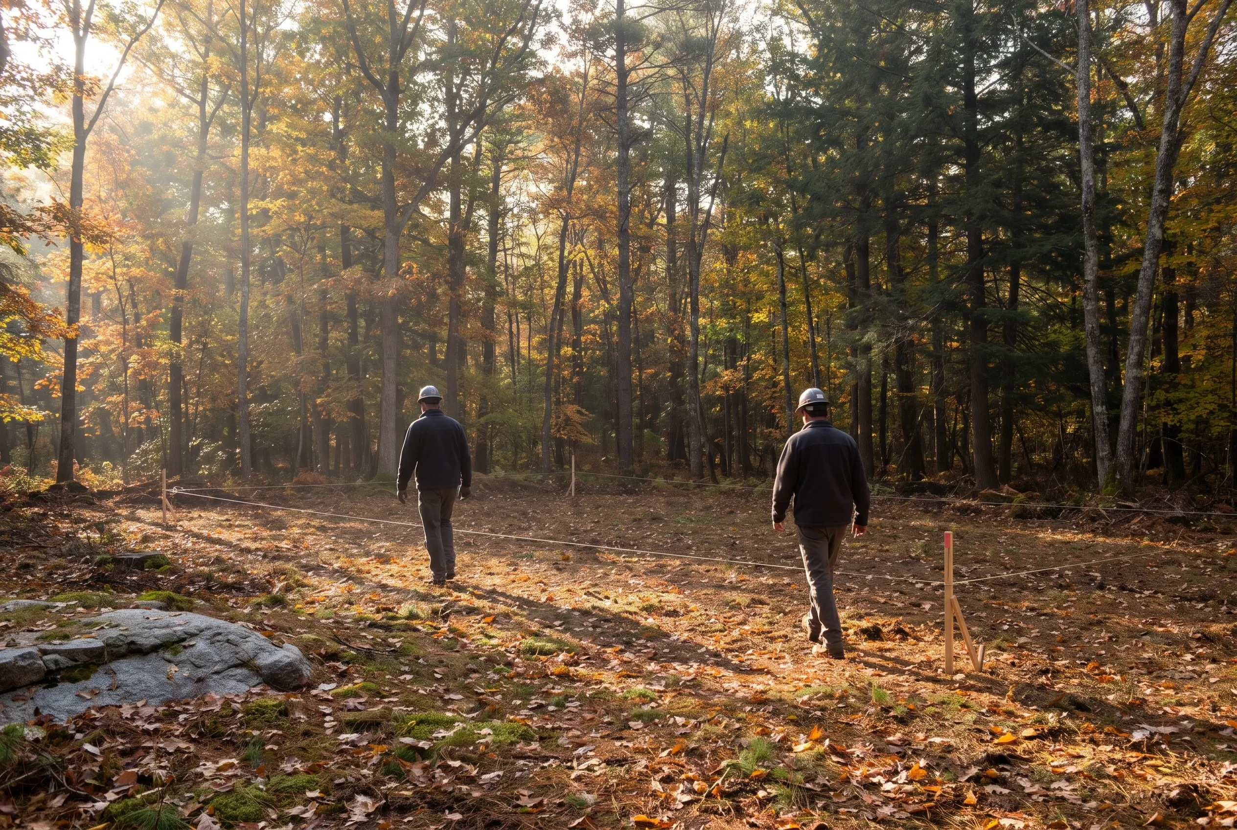Two people jogging on a forest trail in autumn, surrounded by tall trees with fall foliage in Waterboro, Maine.