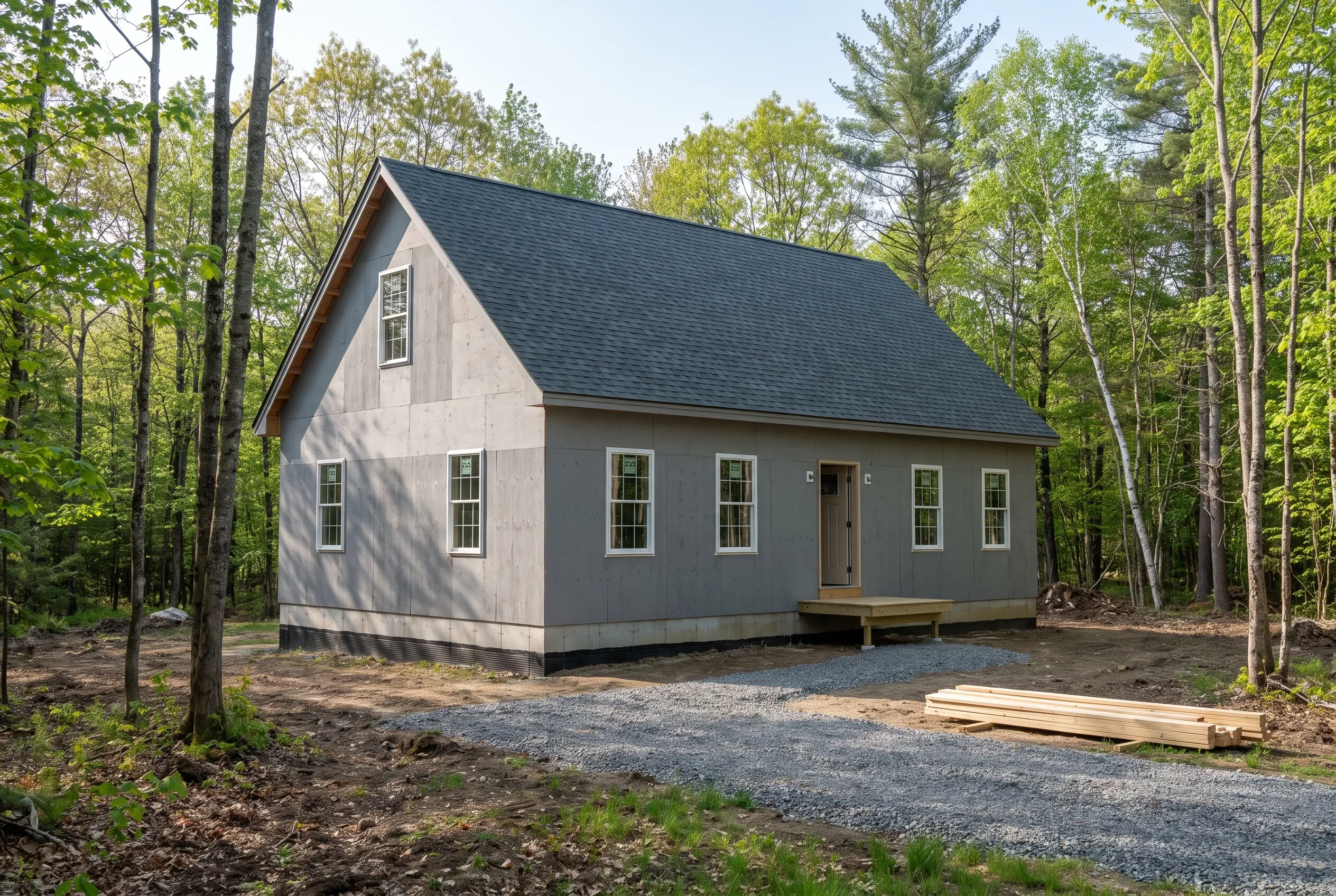 New gray cottage in Waterboro, Maine: Single-story house with gray siding, white trim, dark roof, surrounded by tall trees in wooded setting with gravel driveway.