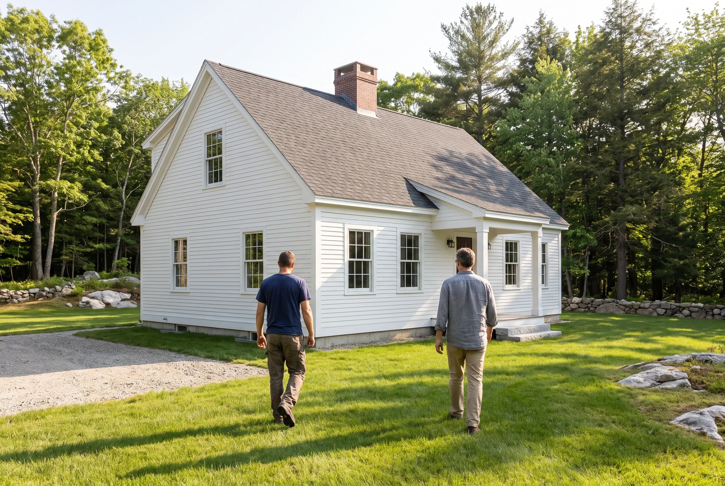 White Colonial Home in Waterboro, Maine: Two men walking toward a white-sided colonial house with gray roof and brick chimney, set on green lawn surrounded by trees.
