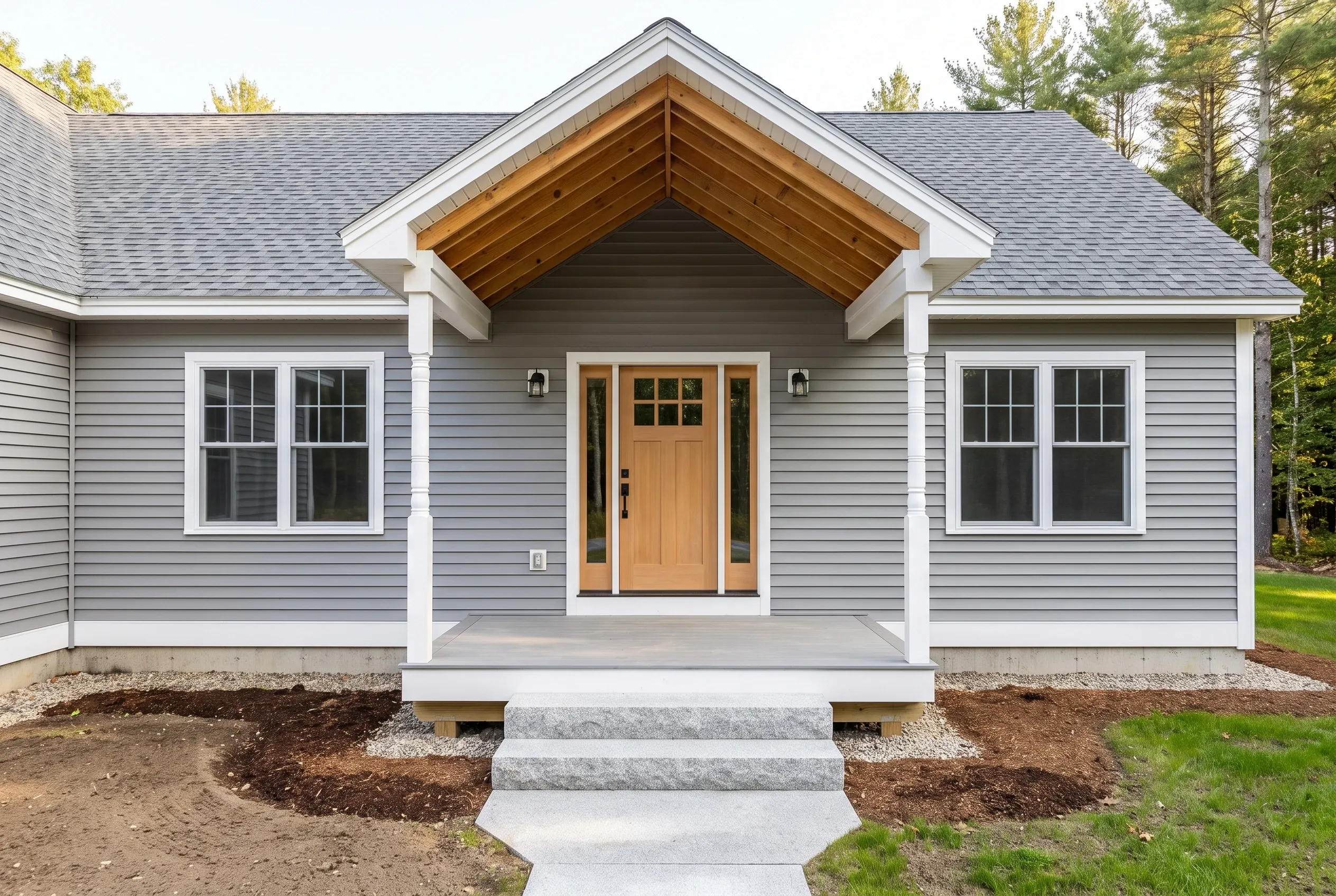 New home with gray siding in Waterboro, ME: Single-story house with light gray horizontal siding, white trim, gray roof, wooden gable peak, tan front door with sidelights, two front windows, concrete steps, and evergreen trees in background.