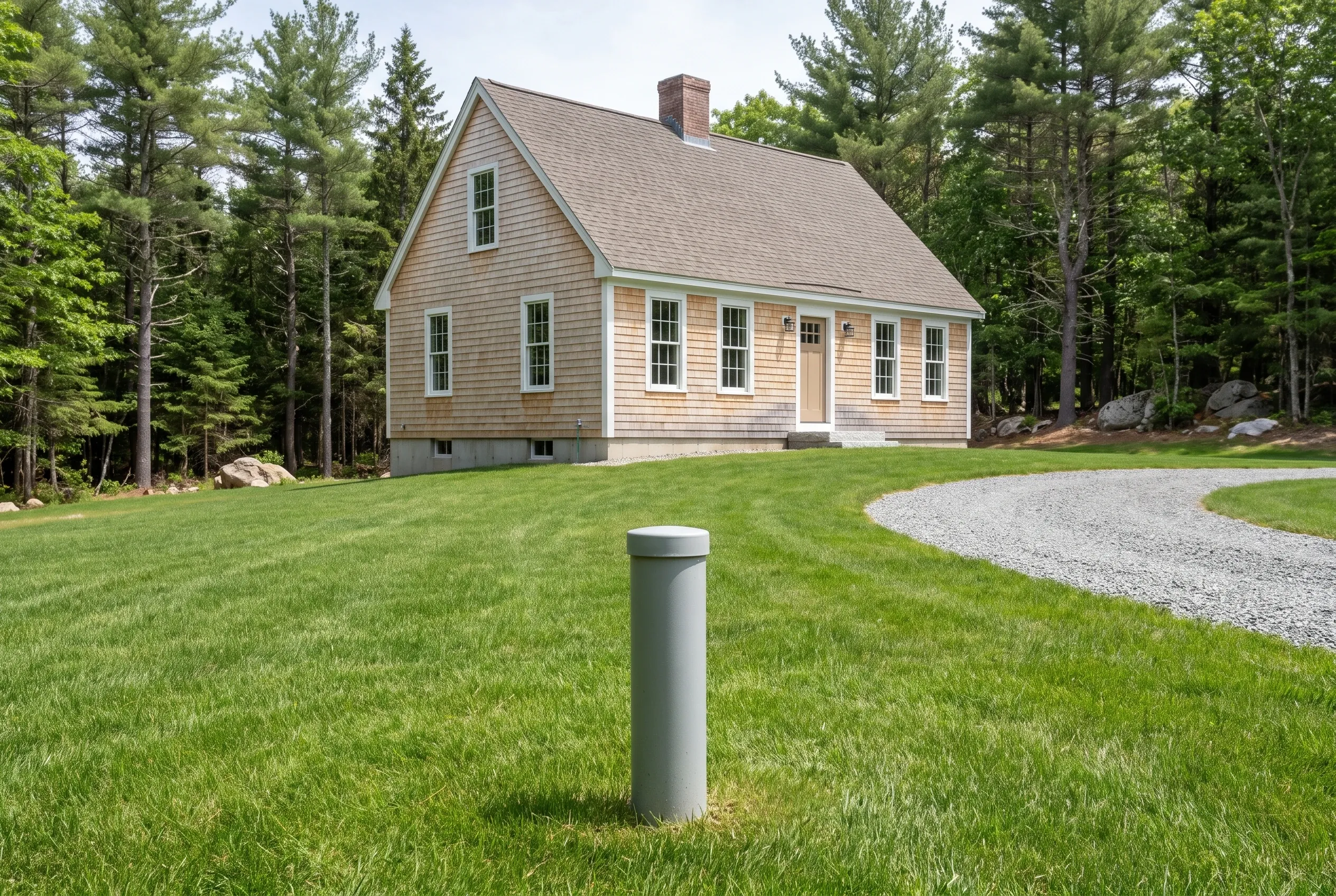 New England cottage in Waterboro, Maine: Single-story home with light tan shingle siding, white trim, and gray roof surrounded by evergreen trees, gravel driveway, and manicured lawn.