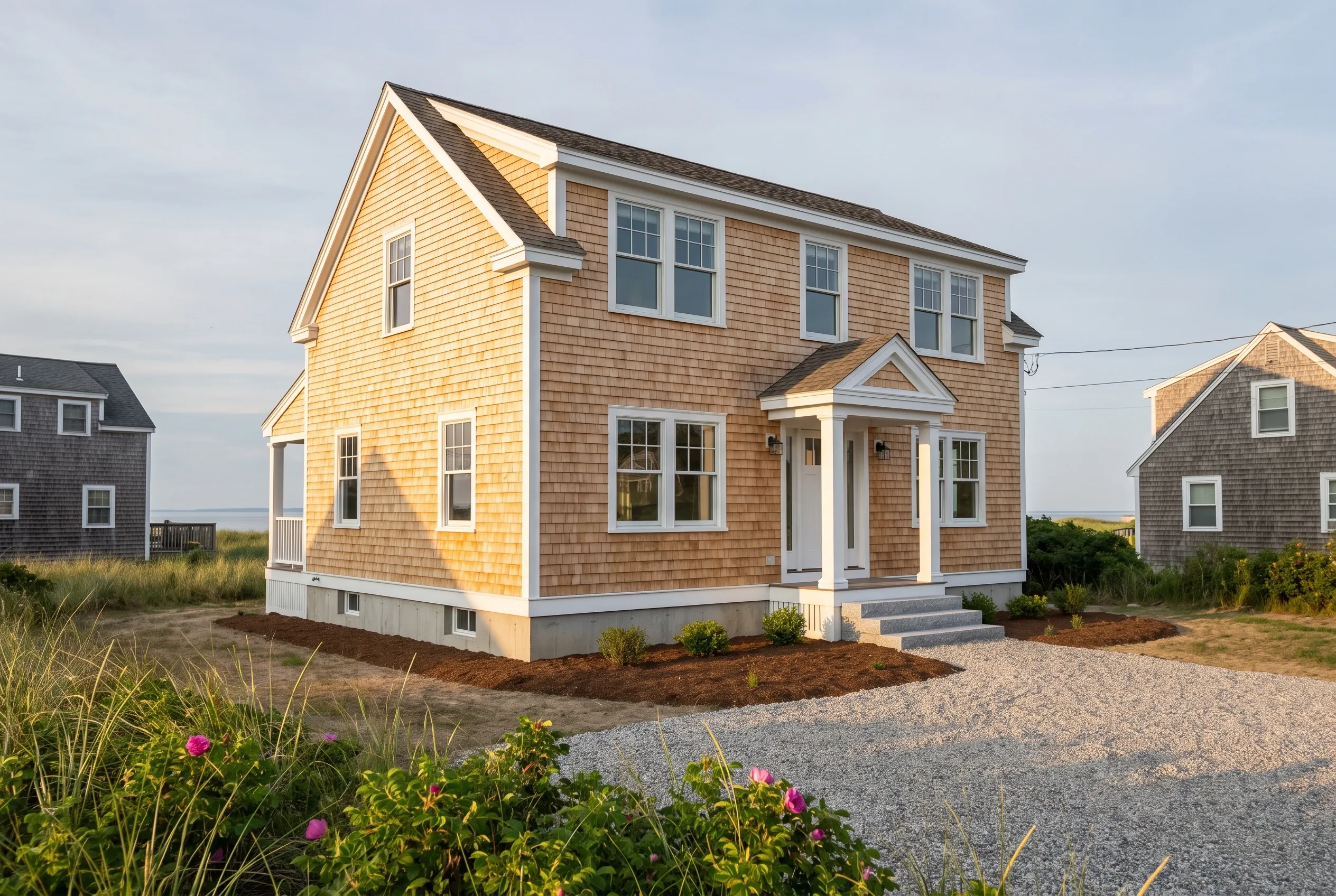 New construction home in Wells, ME: Two-story house with tan cedar shingle siding, white trim, gray roof, gravel driveway, and landscaped grounds with flowering plants.