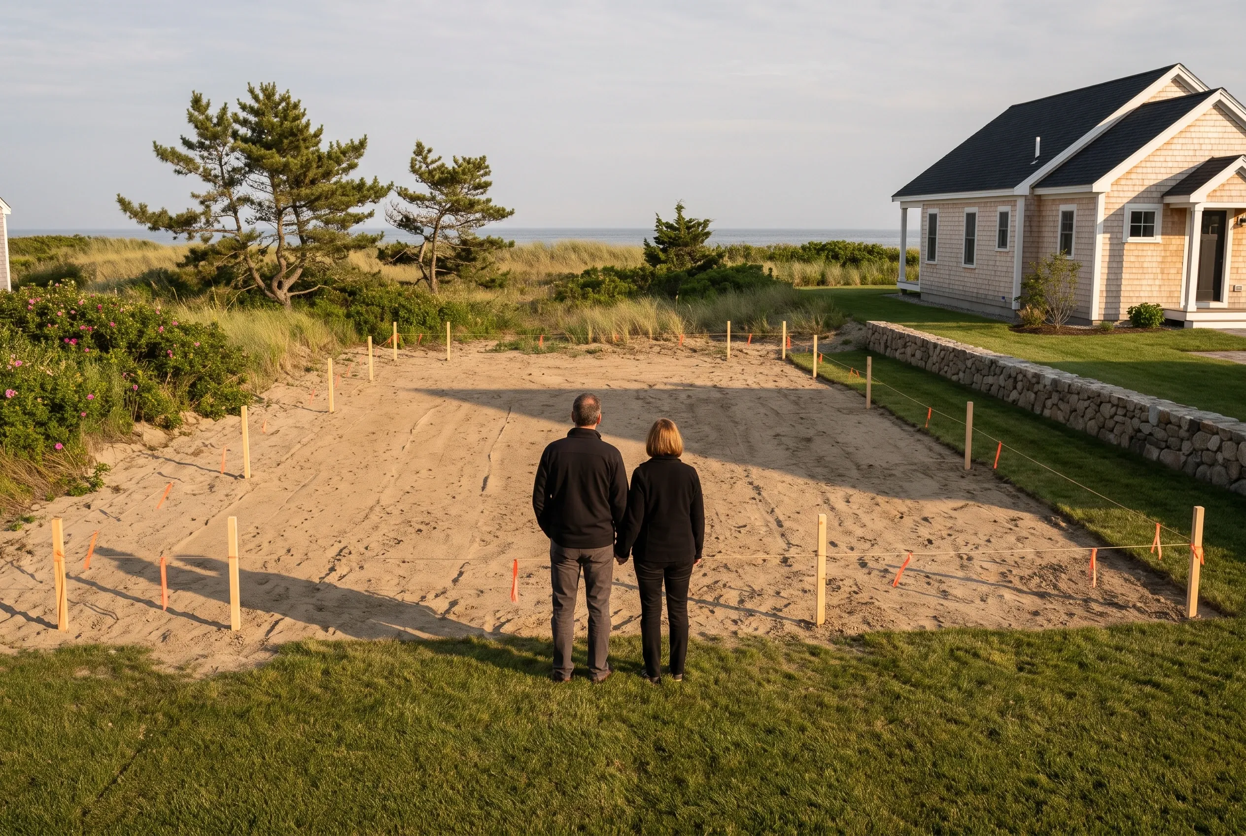 Coastal home in Wells, Maine: Two people standing on sandy beach lot viewing tan shingled house with dark roof and stone foundation wall, dune grasses and pine trees visible beyond.
