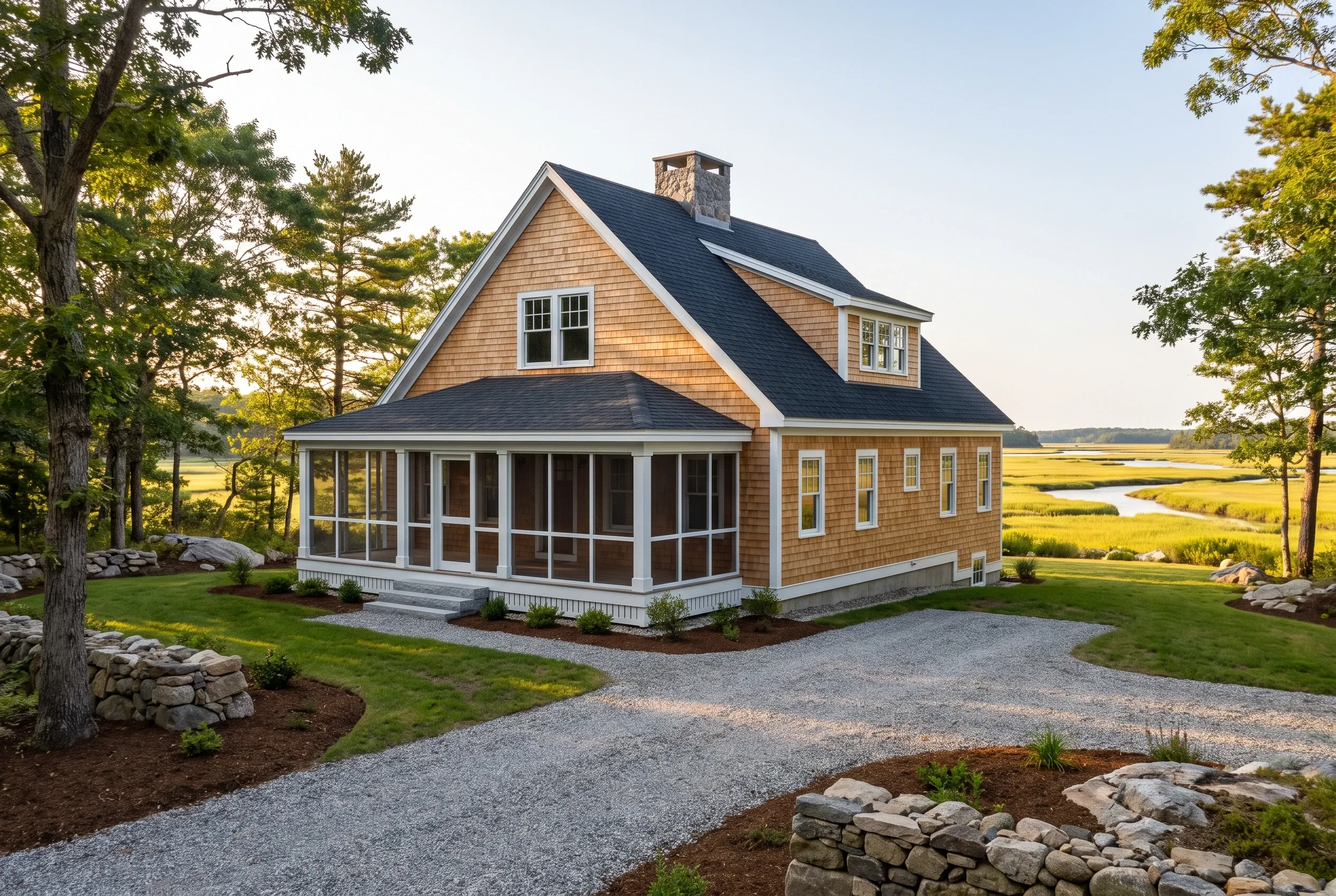 New England cottage in Wells, Maine: Brown shingle-sided house with white trim and dark roof, screened porch, surrounded by trees and grassy lawn overlooking marshland.