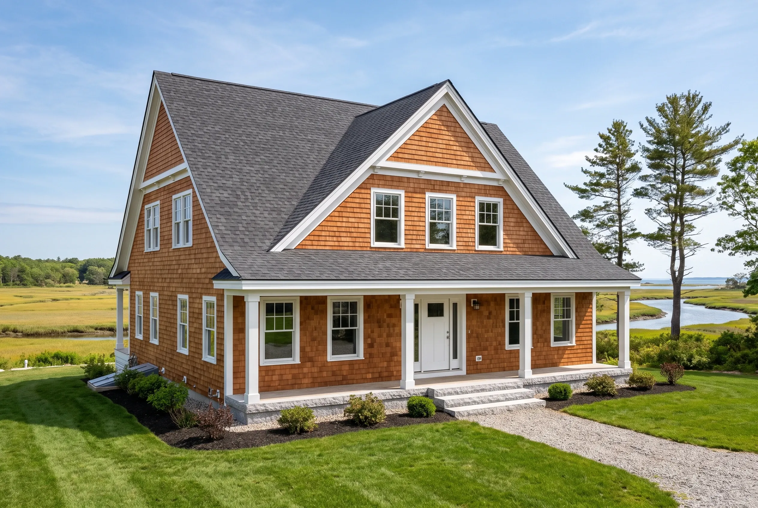 Custom home builder in Wells, ME: Brown cedar shake sided house with white trim and gray roof on grassy coastal property with water view.