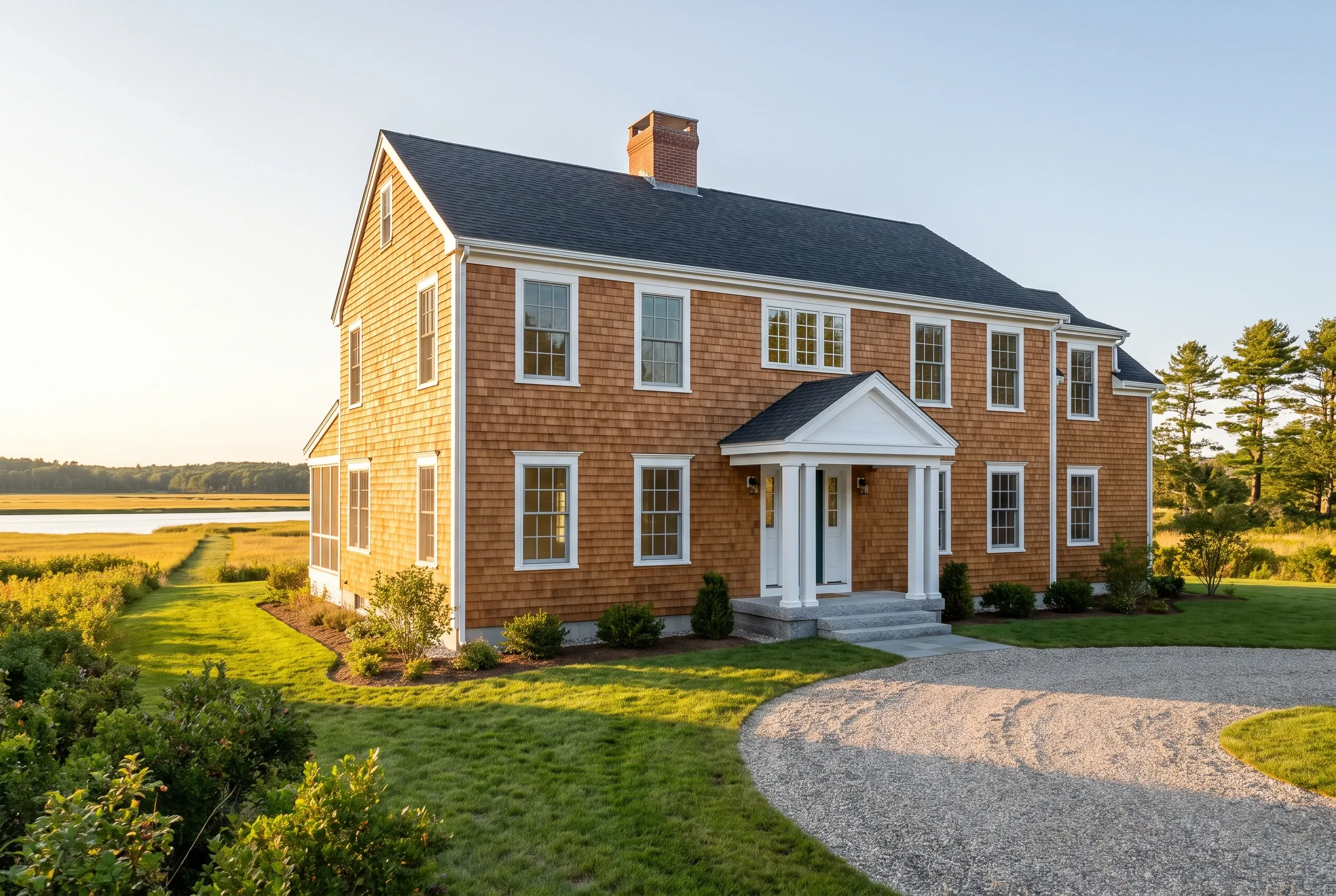 Colonial home in Wells, ME: Two-story house with brown cedar shingle siding, white trim, black roof, and white columned front portico on a gravel driveway overlooking marshland and water.
