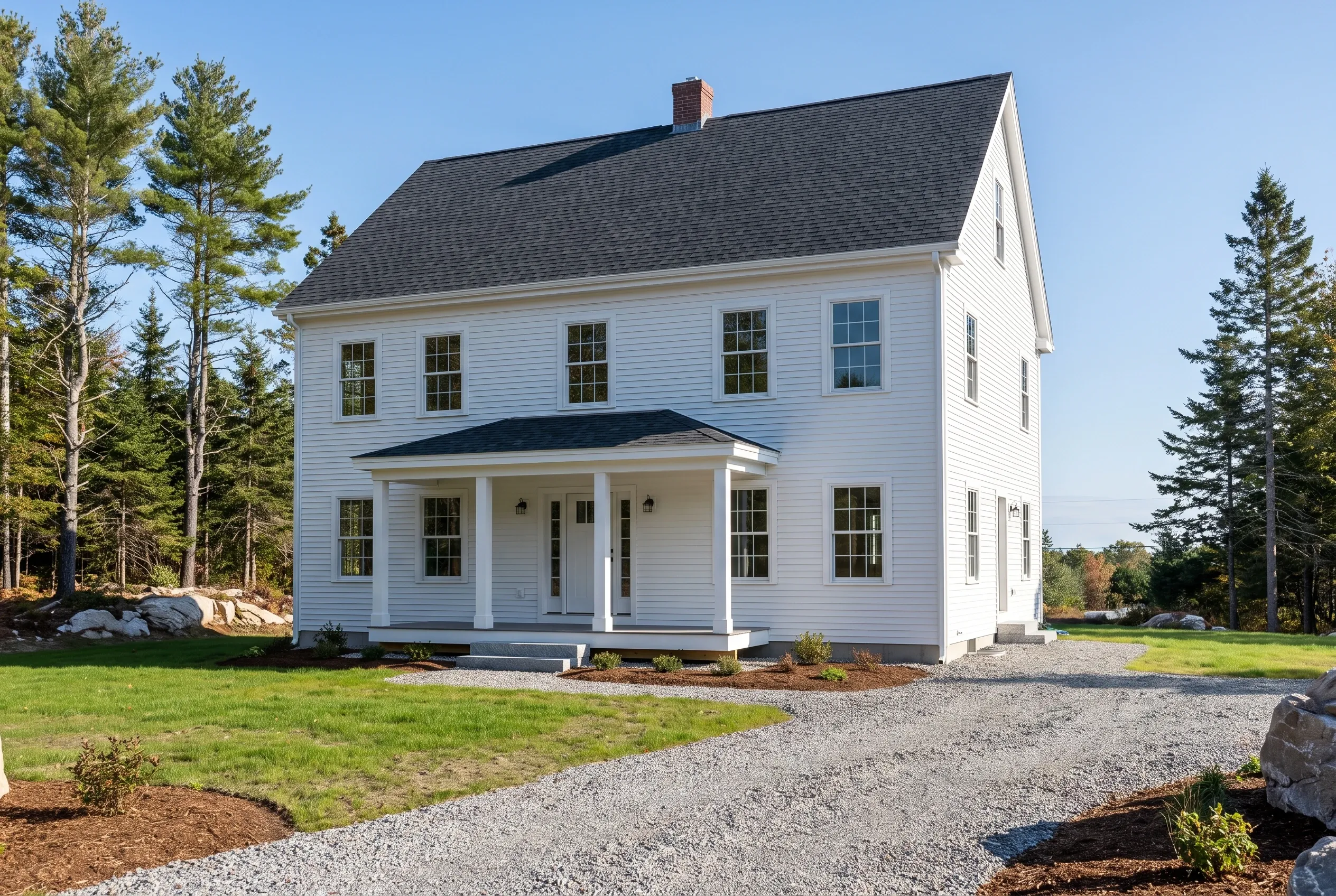 Modern farmhouse in Wells, Maine: Two-story white house with black roof, white trim, front porch, surrounded by evergreen trees and gravel driveway on clear day.
