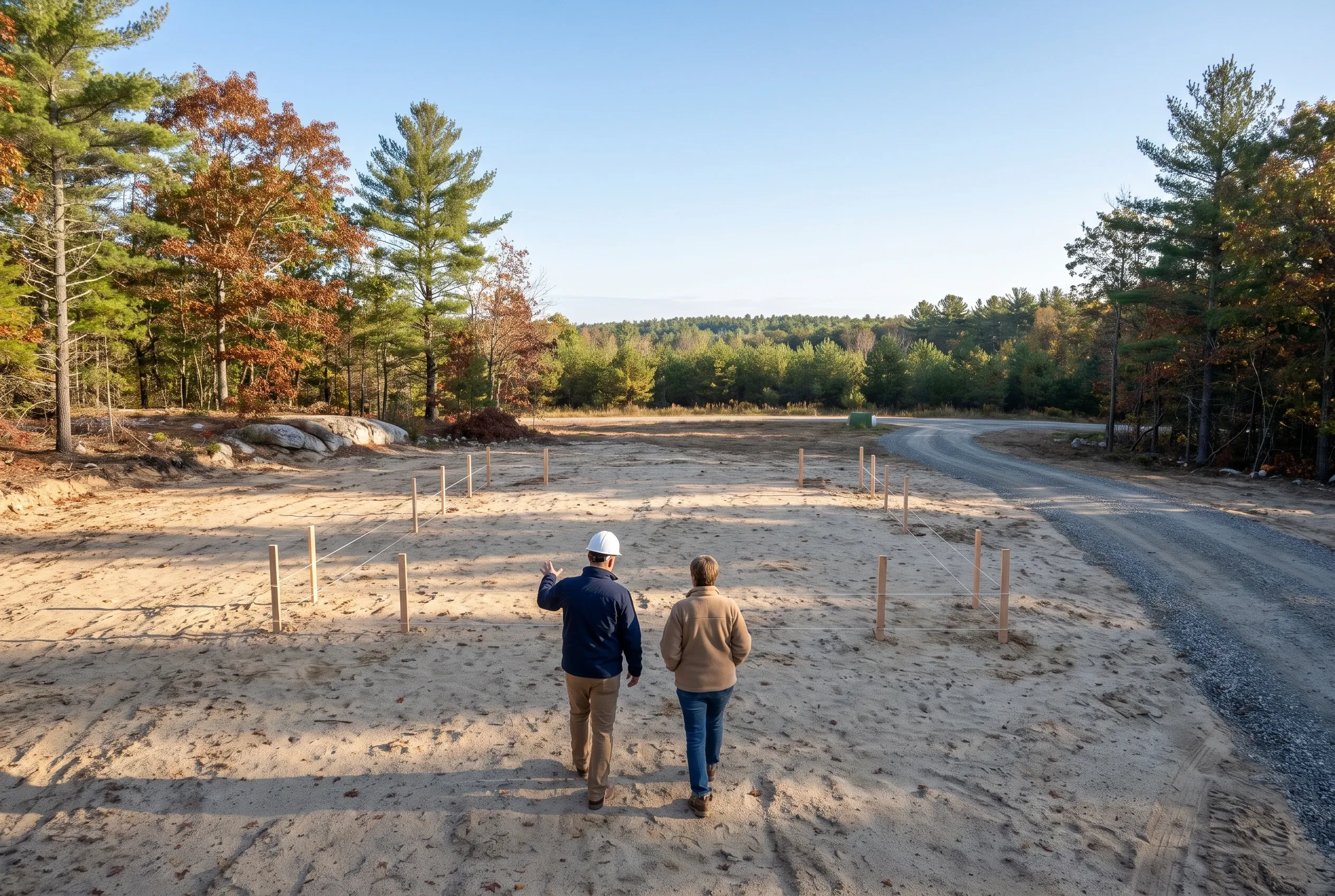 New home construction site in Wells, ME: Two people walking on sandy lot with wooden stakes marking foundation, surrounded by autumn forest and gravel driveway.