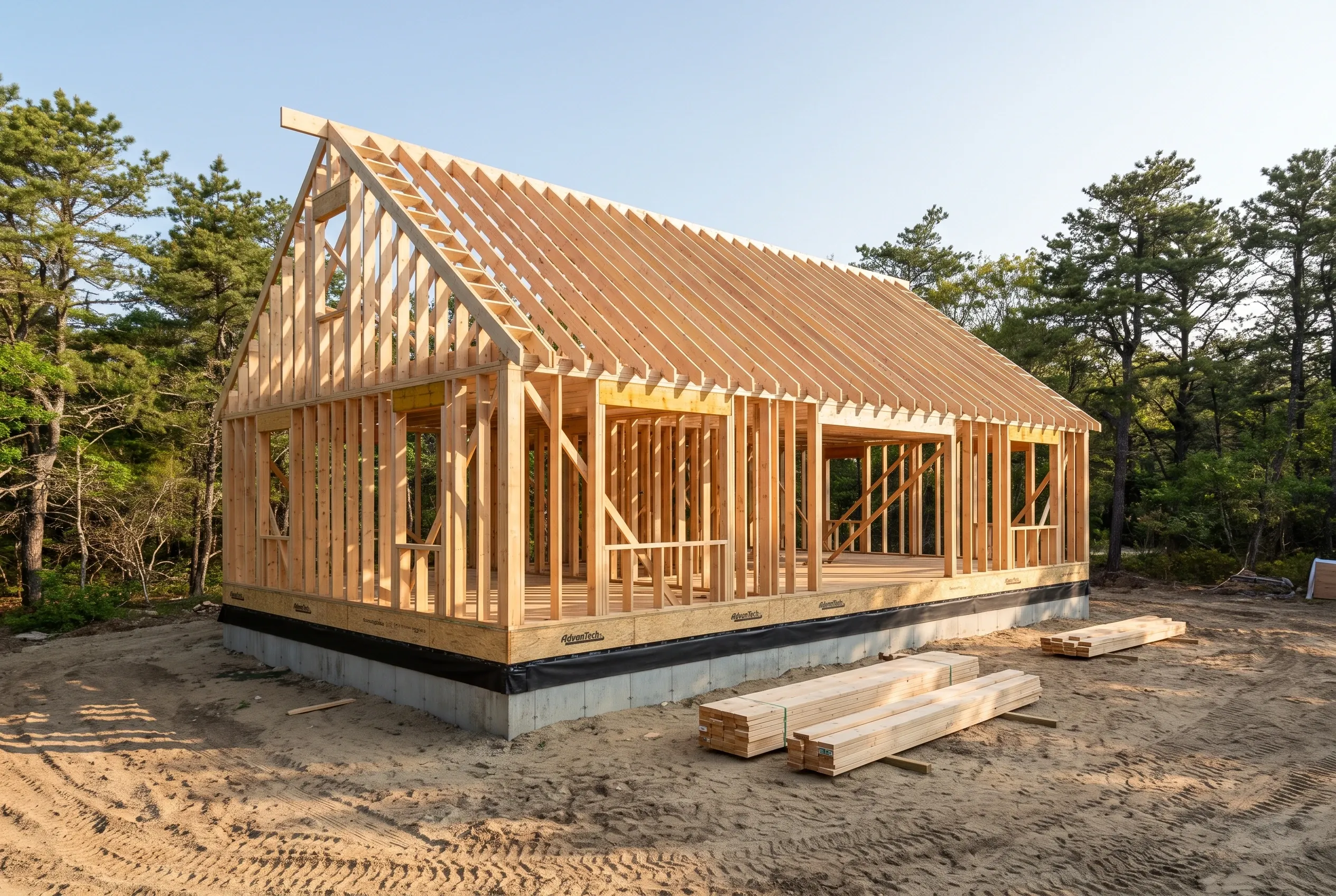 New wood frame house under construction in Wells, ME: Wooden framing with pitched roof and windows, concrete foundation, lumber stacks nearby, surrounded by pine trees.