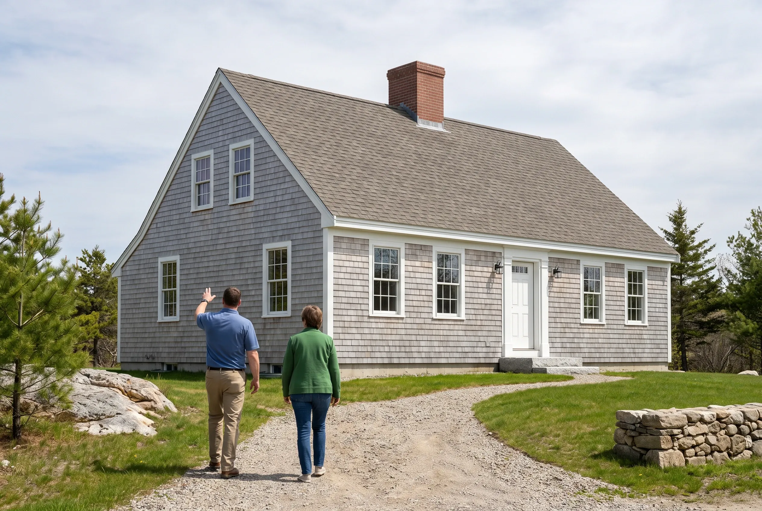 Cape Cod home in Wells, Maine: Two people walk up a gravel driveway toward a gray shingled house with white trim, gabled roof, brick chimney, and surrounding evergreens and stone walls.