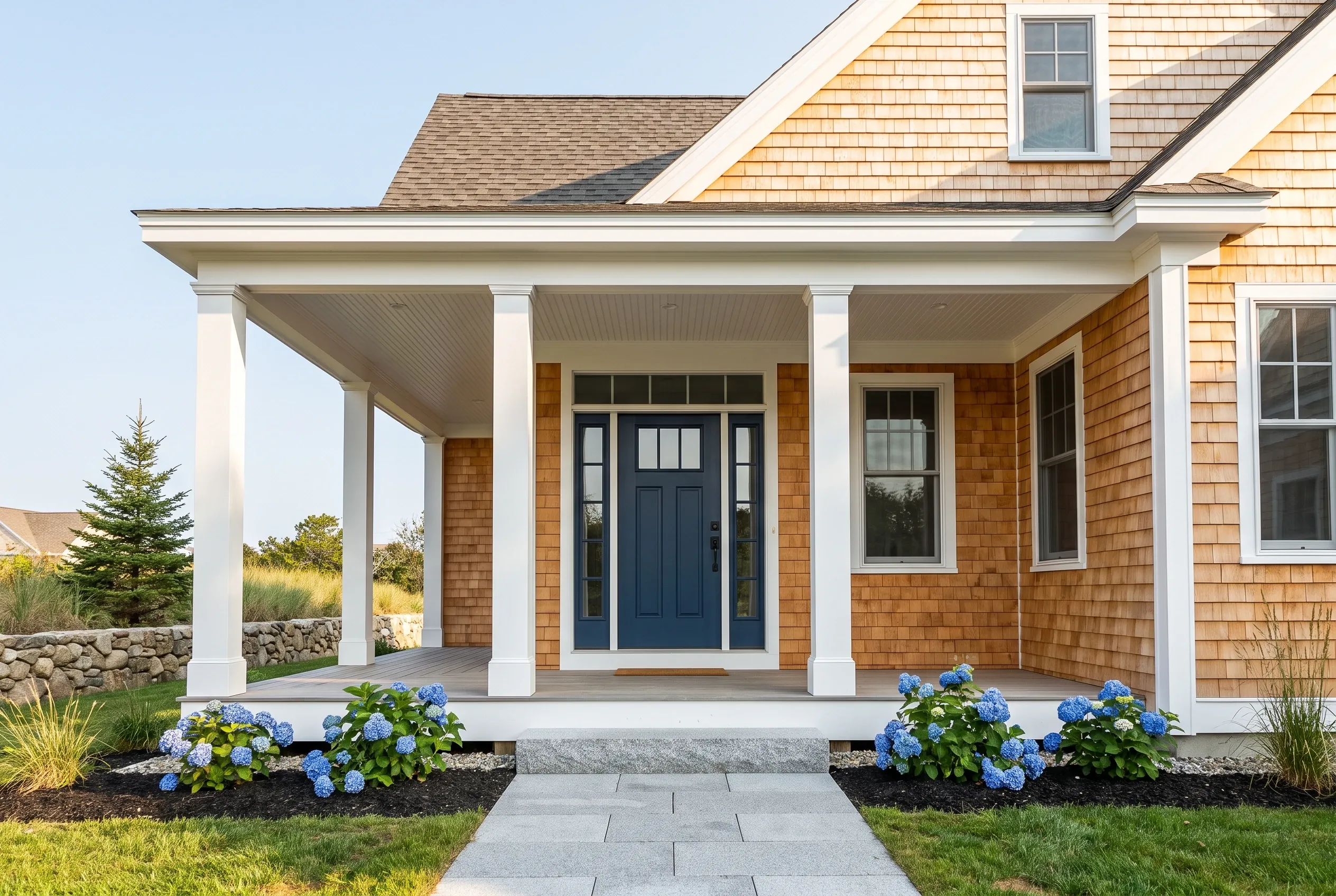 Shingle-sided colonial home in Wells, Maine: A two-story house with cedar shake siding, white trim, and gray roof features a covered front porch with columns and dark blue front door, flanked by blue hydrangeas.