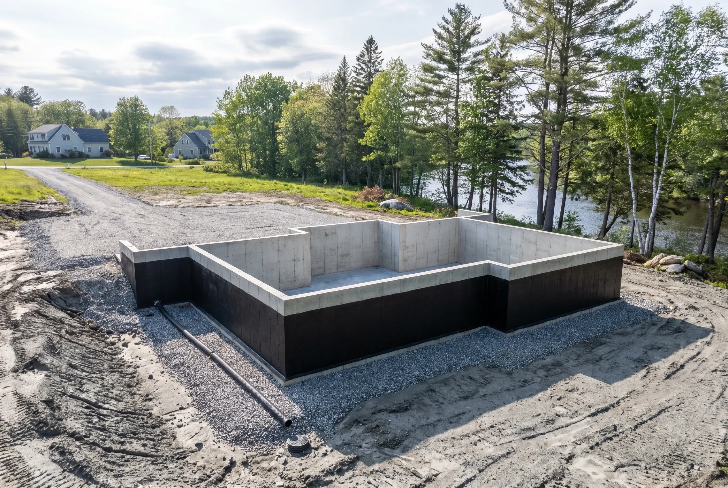 Concrete foundation in Westbrook, ME: A rectangular concrete basement foundation with waterproofing sits on a gravel pad near a wooded riverbank, with residential homes and trees visible in the background.