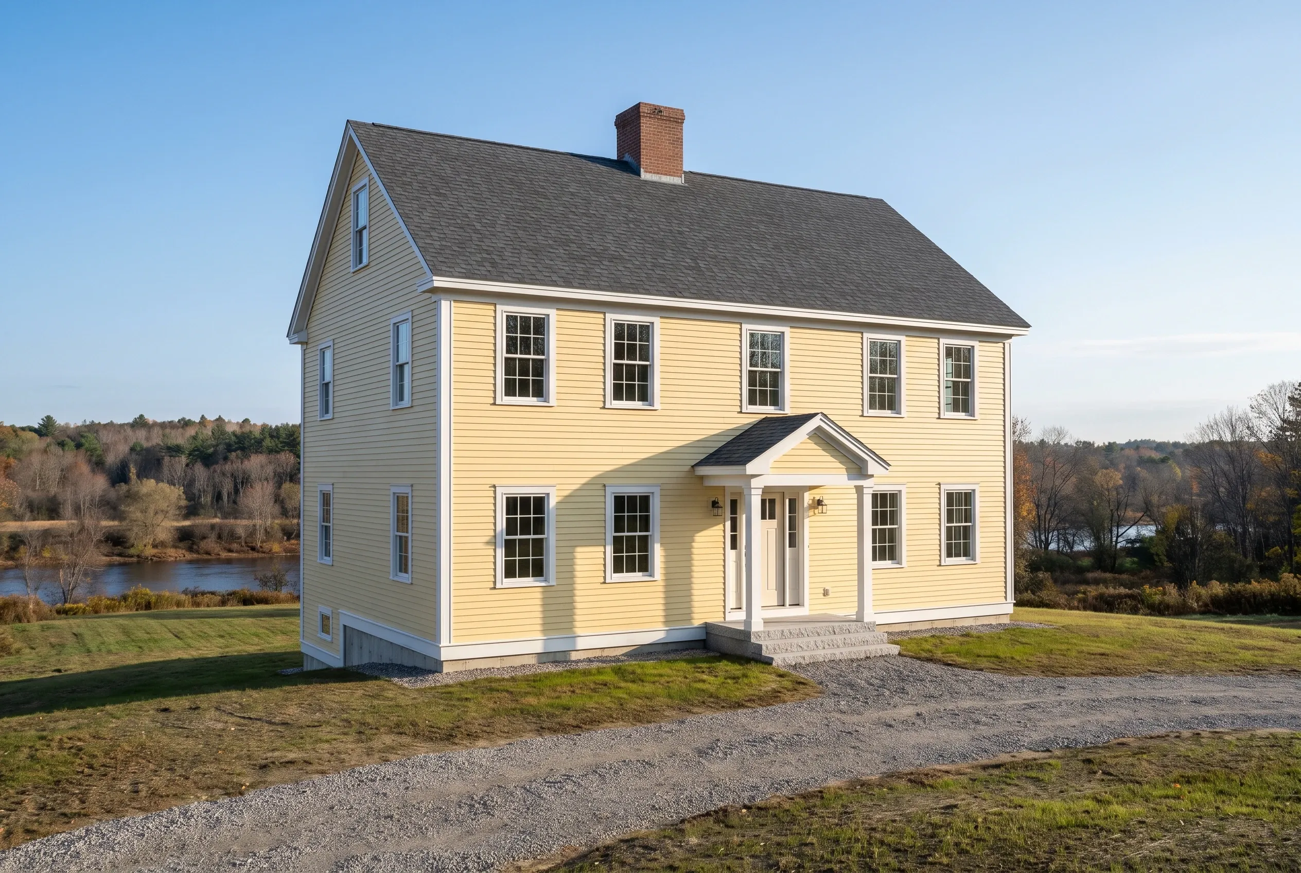 Yellow Colonial in Westbrook, ME: Two-story yellow vinyl-sided colonial with dark gray roof, white trim, and brick chimney on gravel driveway with lawn and river visible in background.