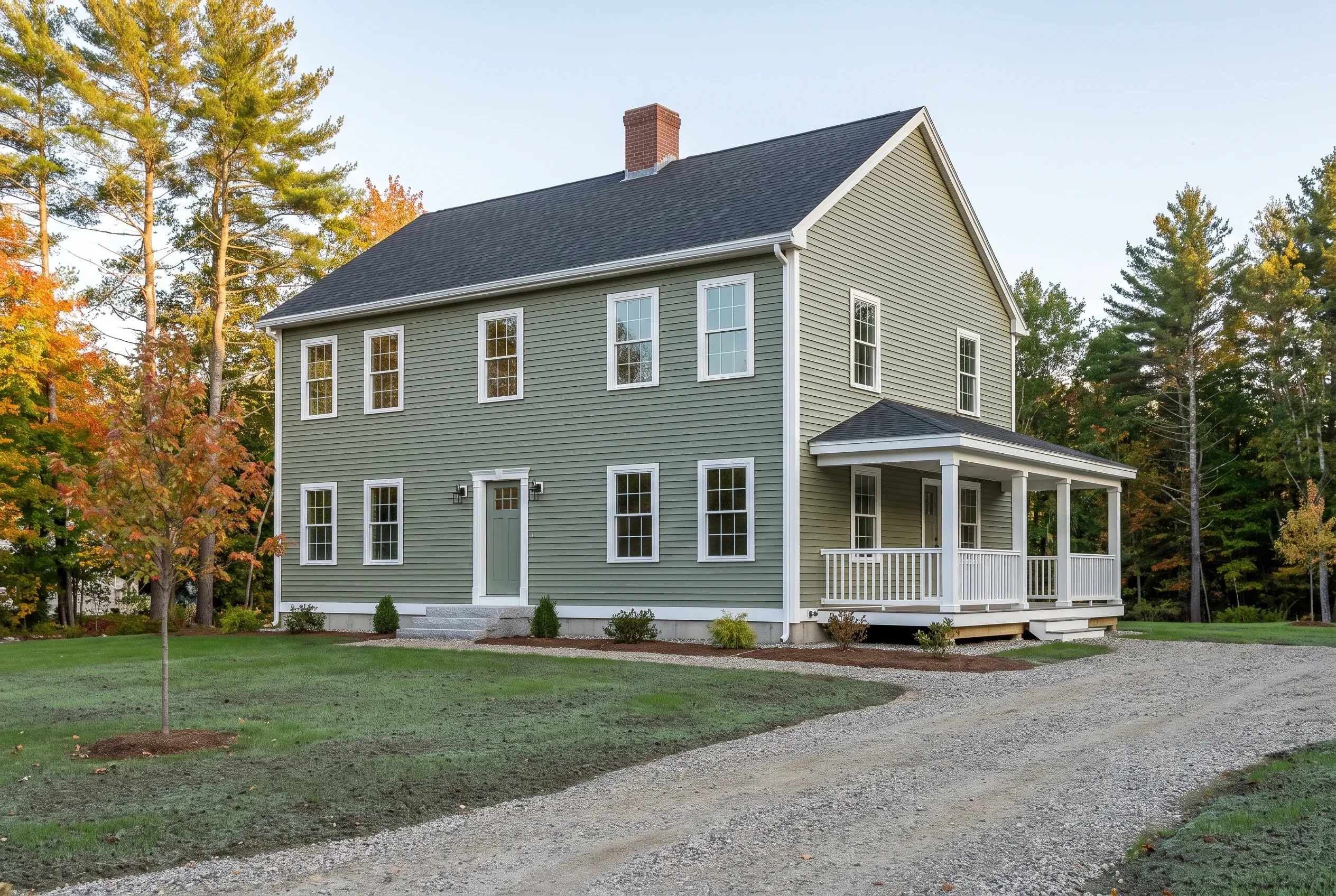 Custom home builder in Westbrook, ME: Two-story house with sage green vinyl siding, white trim, black roof, brick chimney, front porch, surrounded by evergreen and autumn trees.