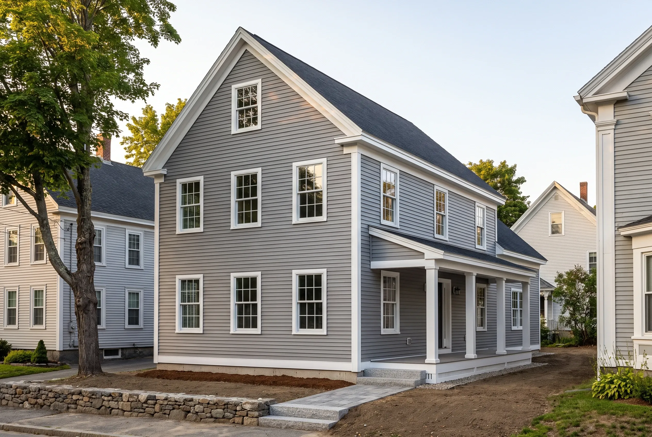 Gray Colonial Home in Westbrook, ME: A two-story gray vinyl-sided colonial with white trim, dark roof, and front porch, surrounded by landscaping and neighboring homes.