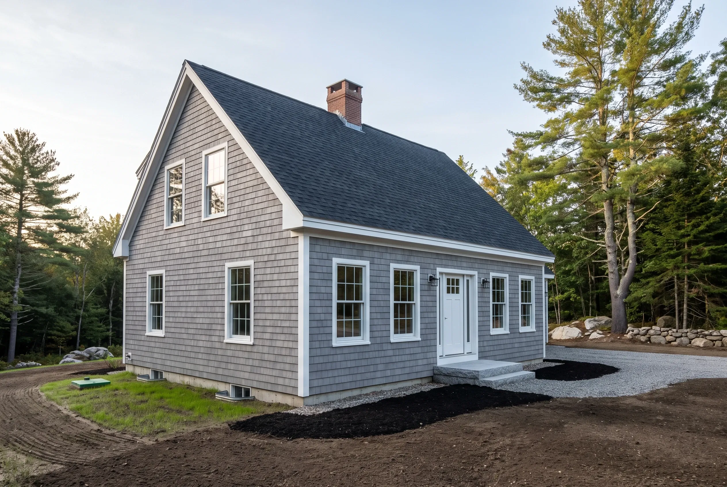 New gray cottage in Westbrook, ME: Single-story house with gray shingle siding, white trim, dark roof, brick chimney, surrounded by pine trees and gravel driveway.