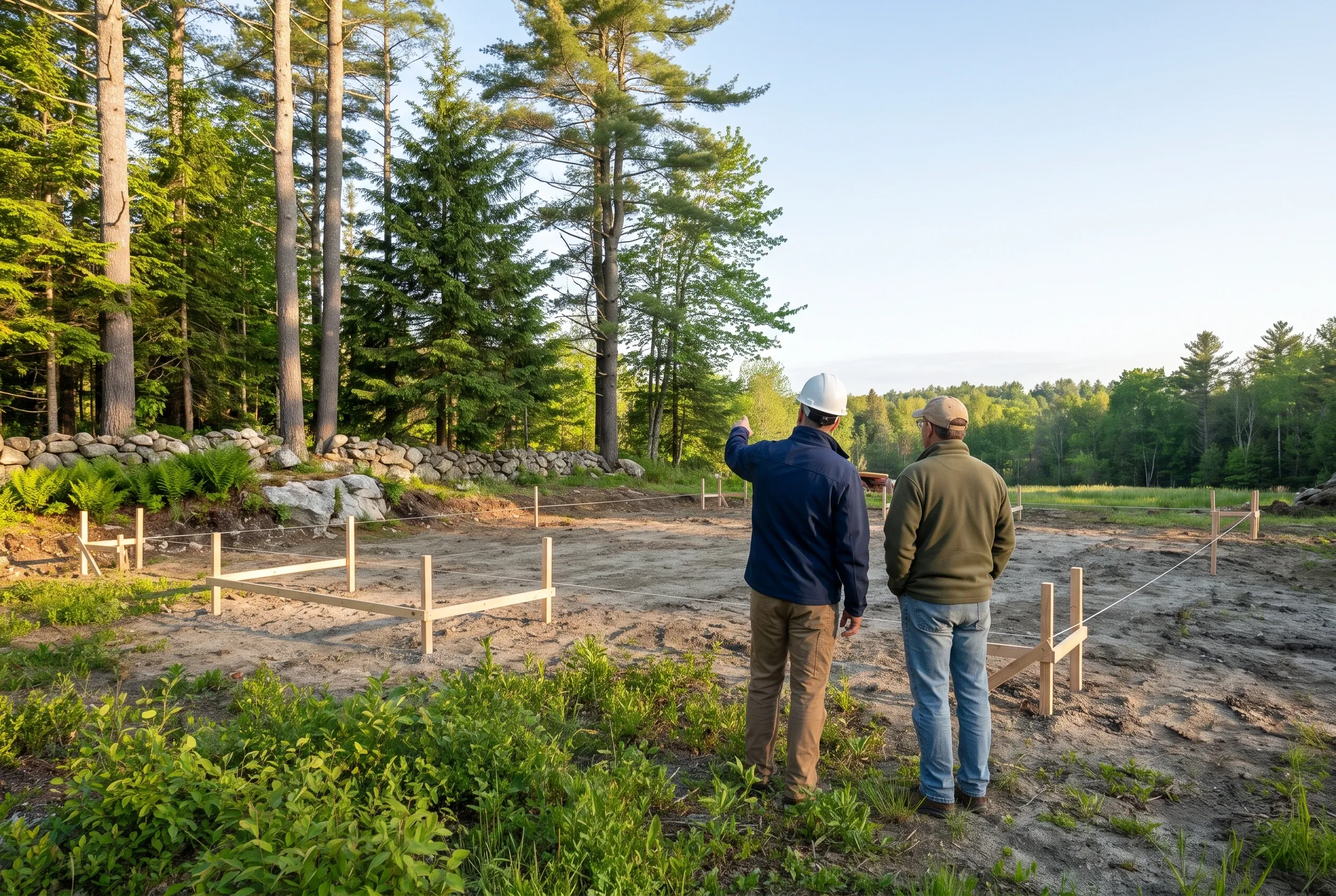 Foundation layout in Westbrook, ME: Two men in hats stand on cleared lot with wooden stakes marking building footprint, surrounded by tall pine trees and stone wall.