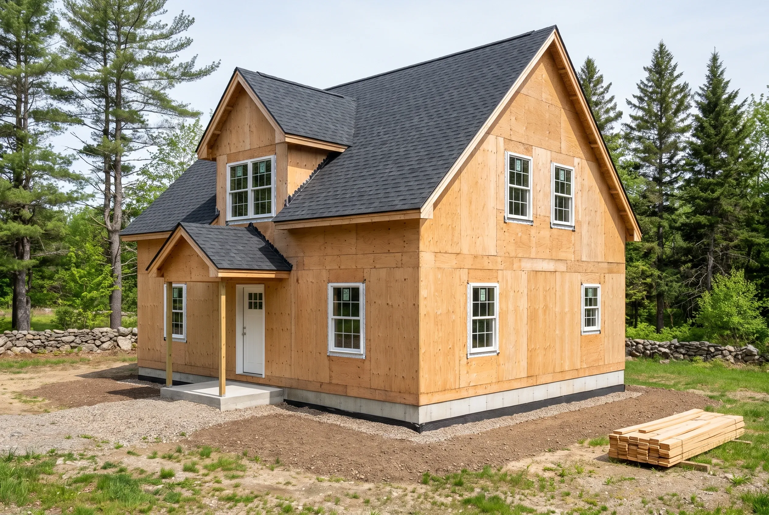 New wood-sided home in Westbrook, Maine: Two-story house with light tan wood siding, black roof, white trim and windows, front porch, set among pine trees with gravel driveway.