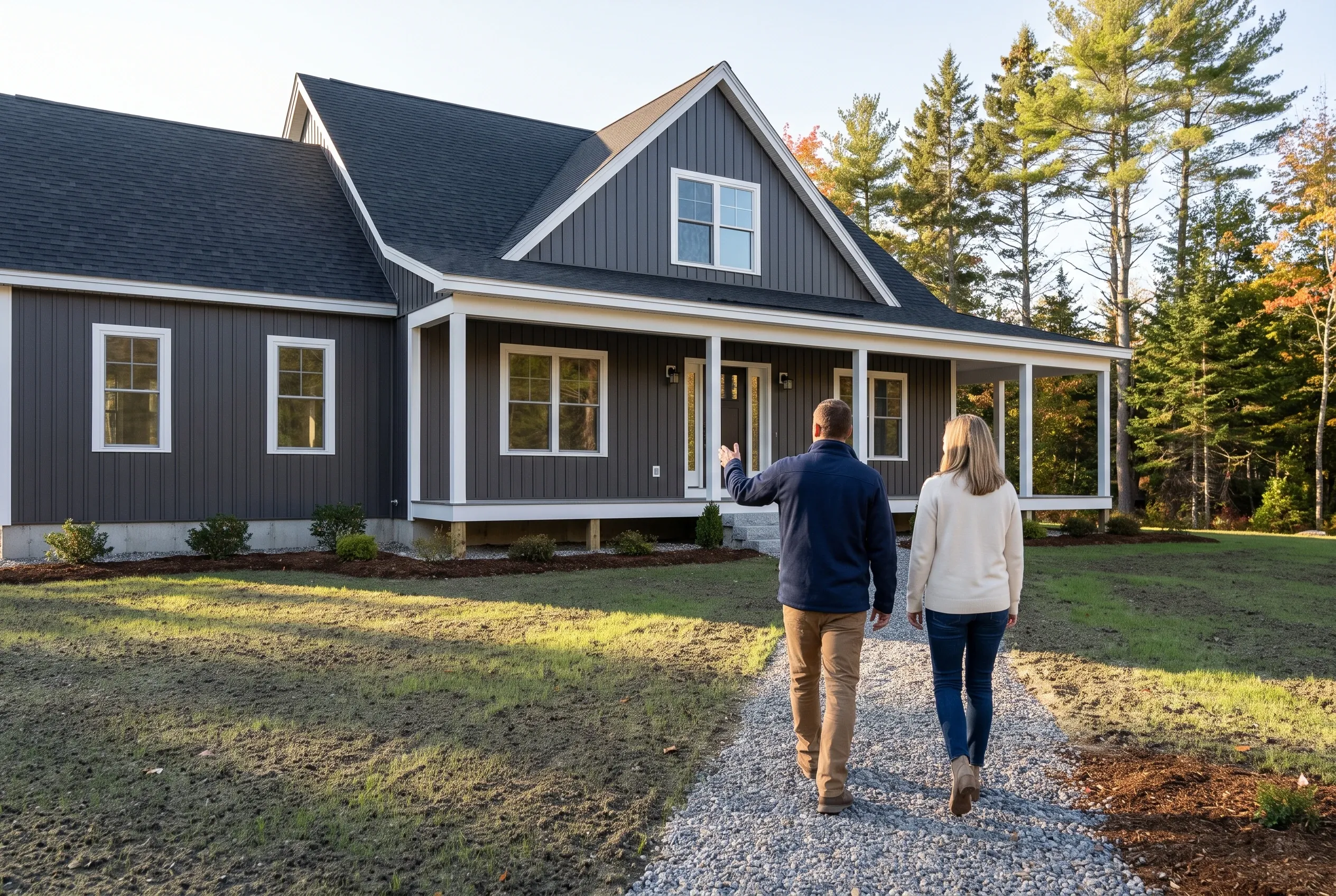 Modern farmhouse in Westbrook, Maine: Two people walk up a gravel driveway toward a dark gray sided house with white trim, large windows, and a dark roof surrounded by evergreen trees.