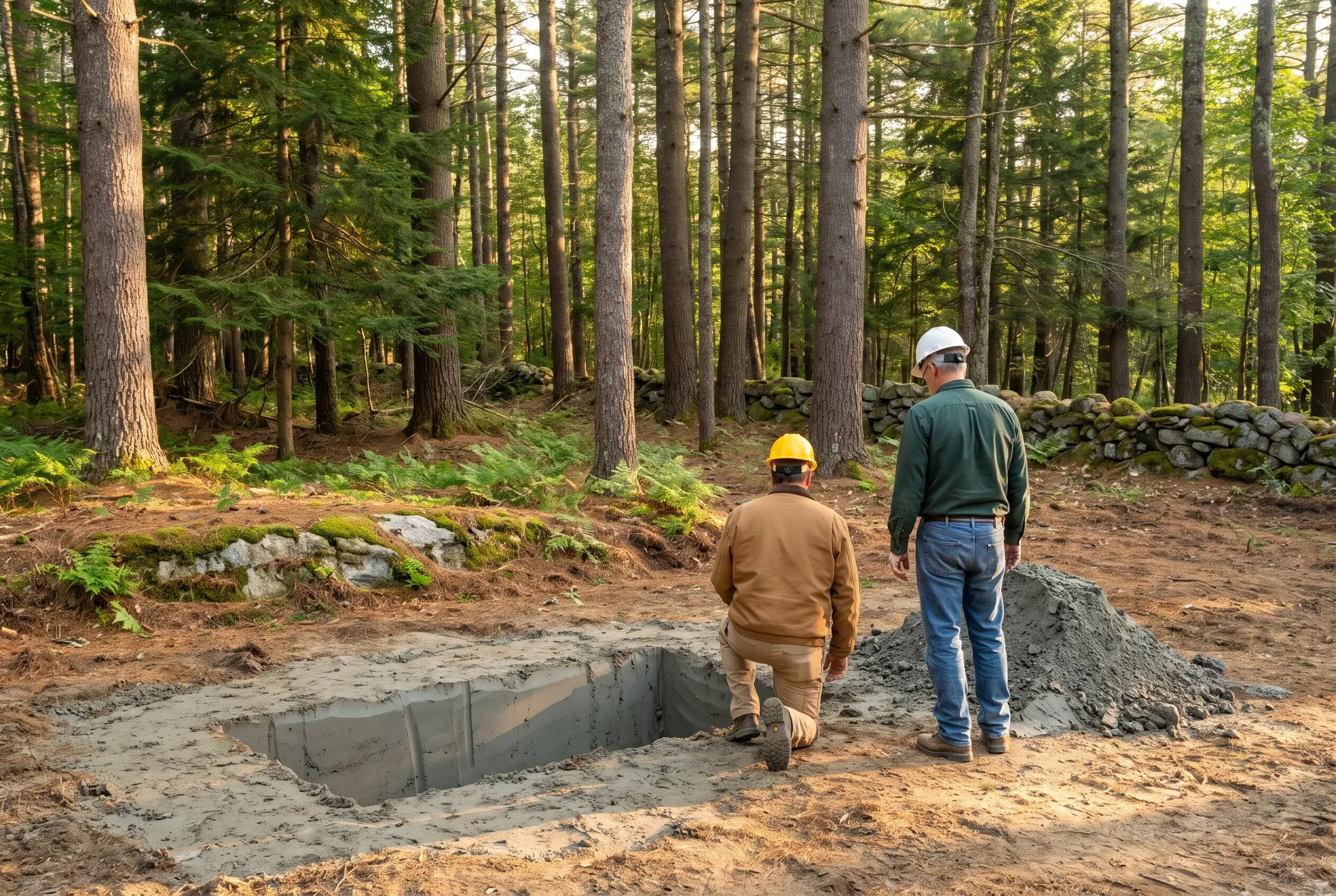 Foundation inspection in Westbrook, ME: Two workers in safety gear examine a concrete foundation excavation in a forest setting surrounded by tall evergreen trees.