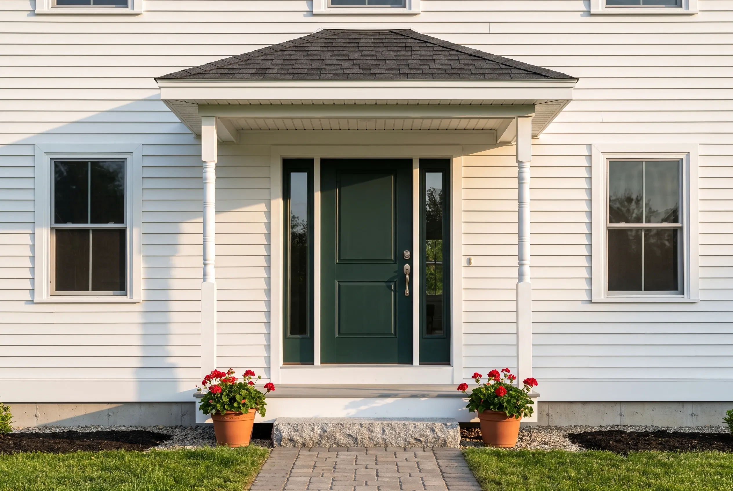 Front entry of white colonial home in Westbrook, Maine: White horizontal siding with dark green entry door, sidelights, covered portico with dark roof, paired windows on each side, red flowers in planters, paver walkway, green lawn.