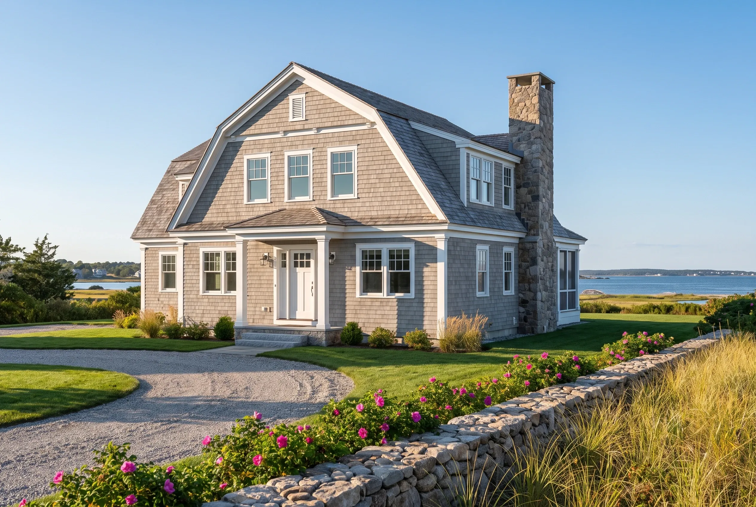 Modern Cape Cod in Biddeford, Maine: Two-story house with tan shingle siding, white trim, dark roof, stone chimney, and gambrel roof overlooking coastal water. Gravel driveway, landscaped lawn with pink flowers and ornamental grasses.