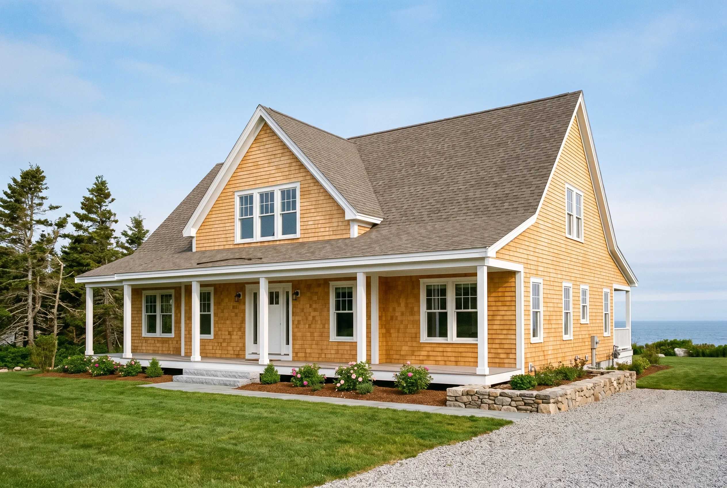 Custom home builder in Biddeford, ME: New two-story house with yellow cedar shake siding, white trim, gray shingled roof, front porch, situated on grassy lawn with ocean view.