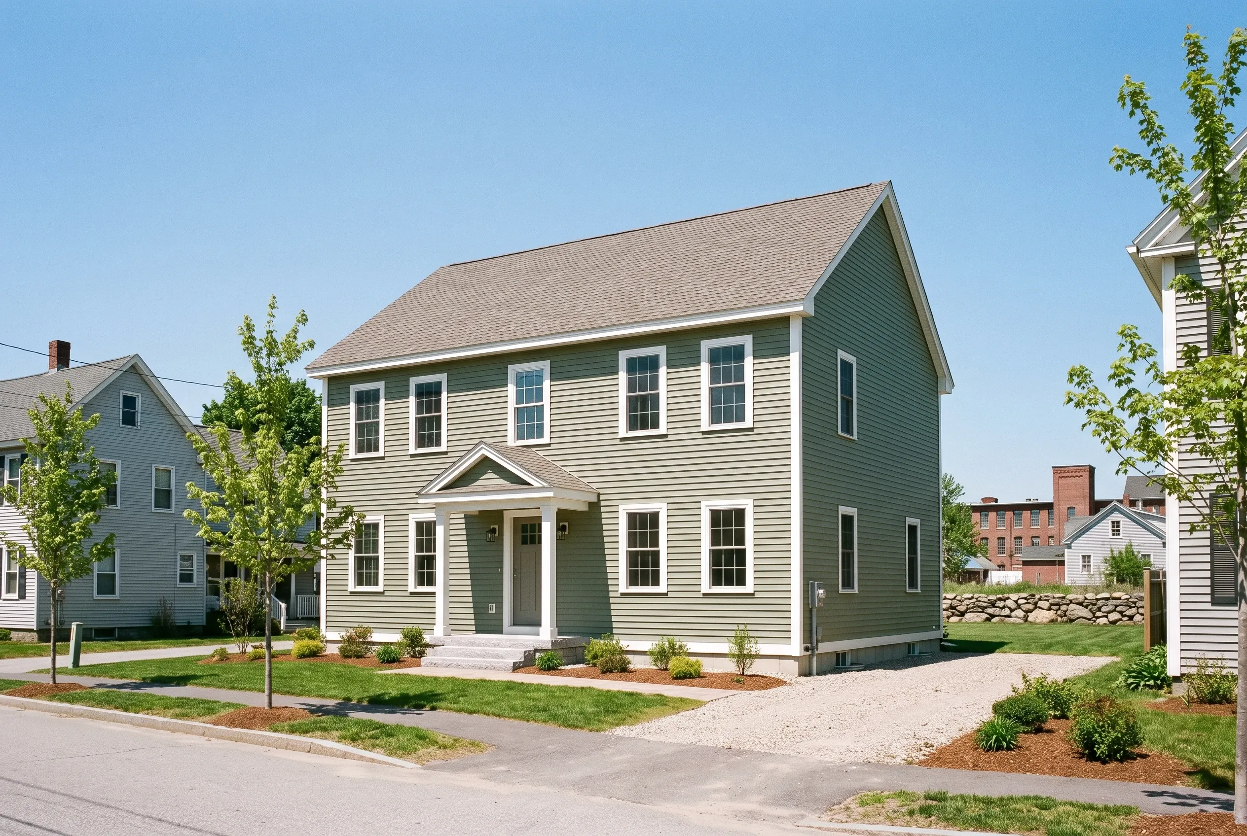 New colonial home in Biddeford, ME: Two-story house with green and white vinyl siding, white trim, gray asphalt roof, front portico, gravel driveway, landscaped yard with young trees and shrubs, neighboring historic buildings visible.