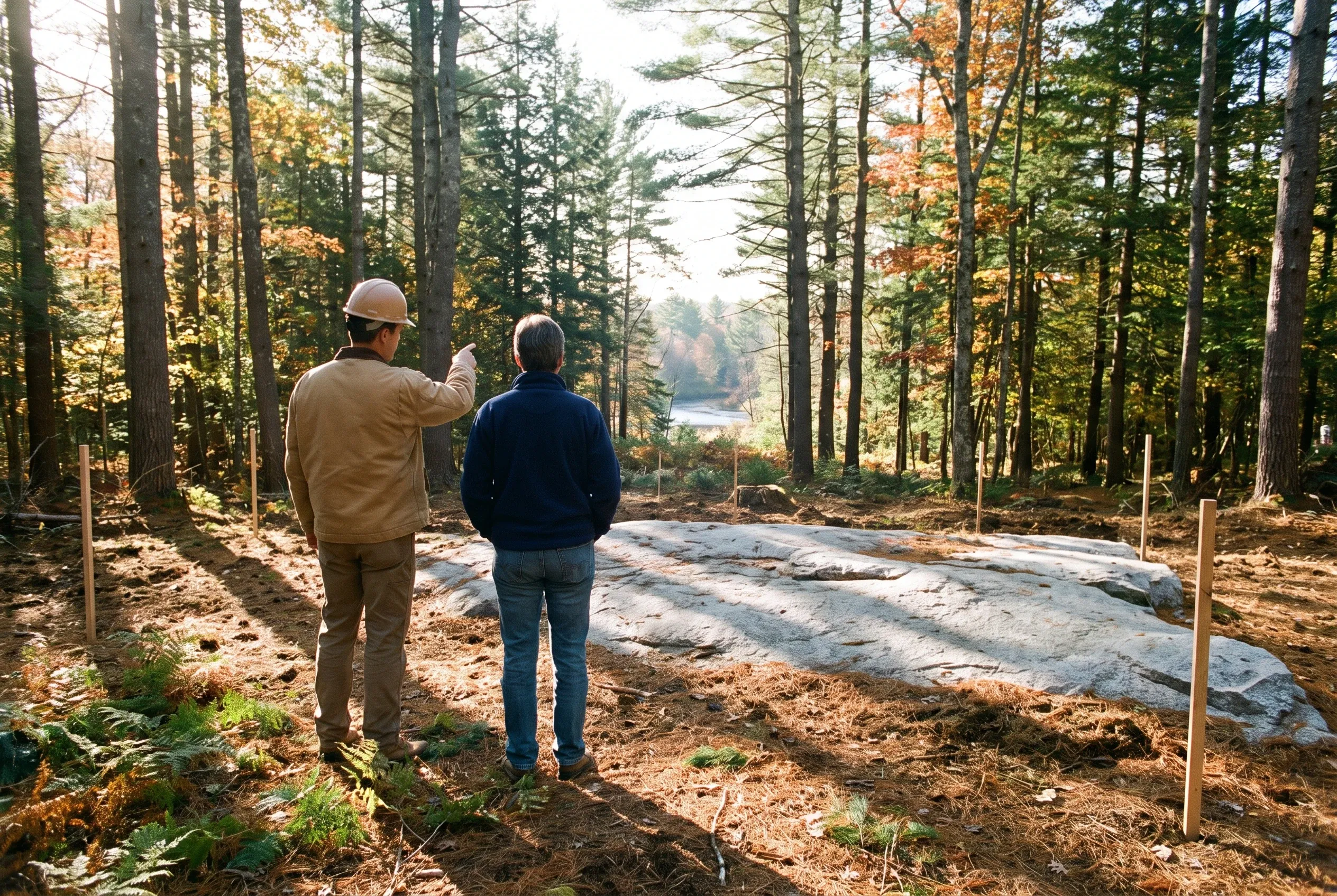 Forest lot view, Biddeford ME: Two men in hard hats stand on a cleared wooded lot overlooking a distant lake, surrounded by tall trees in autumn foliage.