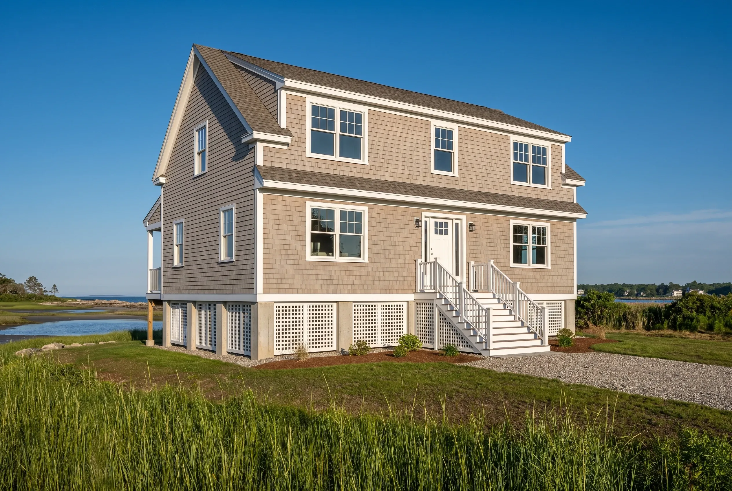 Elevated coastal home in Biddeford, ME: Two-story house with tan shingle siding, white trim, and peaked roof overlooking marshland and water under clear blue sky.