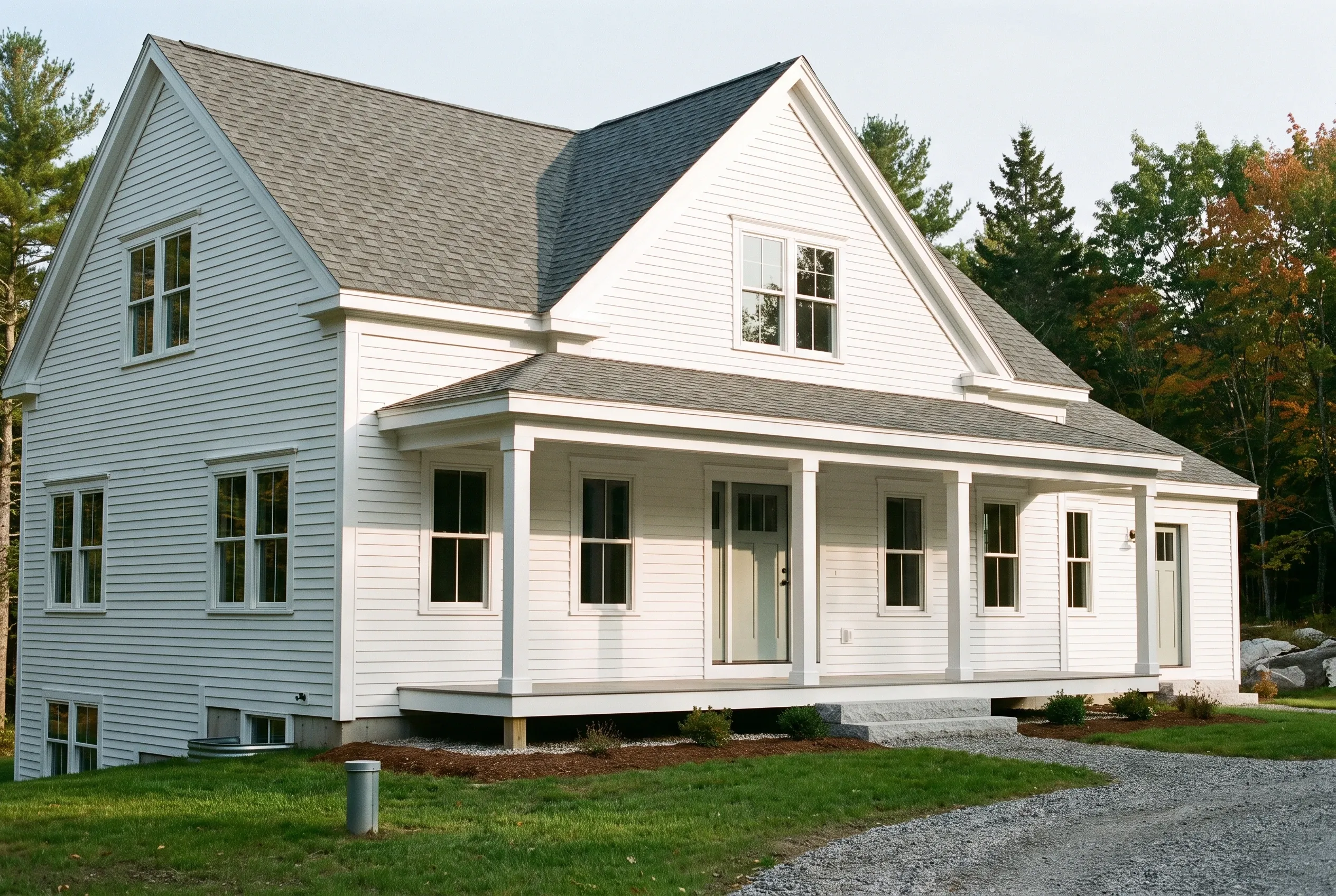Modern farmhouse in Biddeford, ME: White vinyl-sided two-story home with gabled roof, front porch with columns, multiple windows, situated on grassy lot with trees.