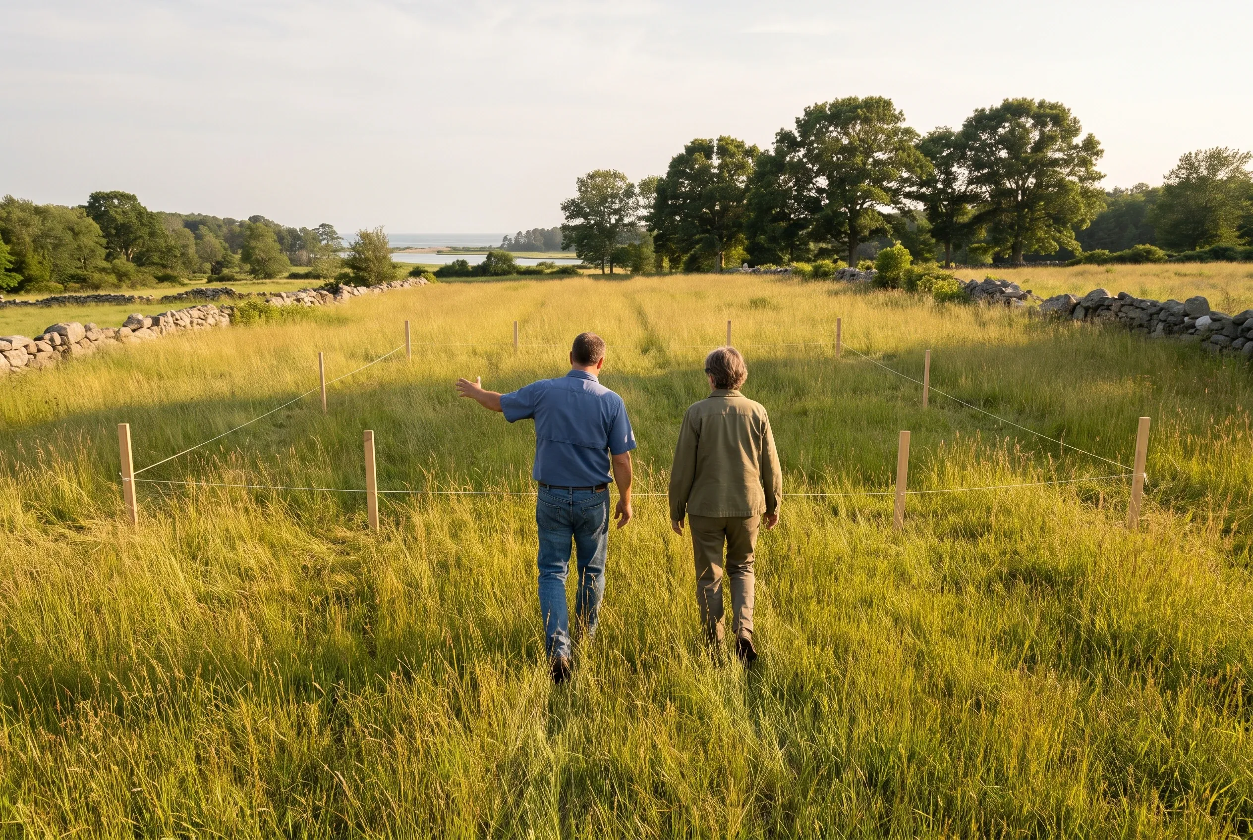 Land consultation in Biddeford, ME: Two men walking through a golden grass field with wooden fence posts, trees and water visible in the distance.
