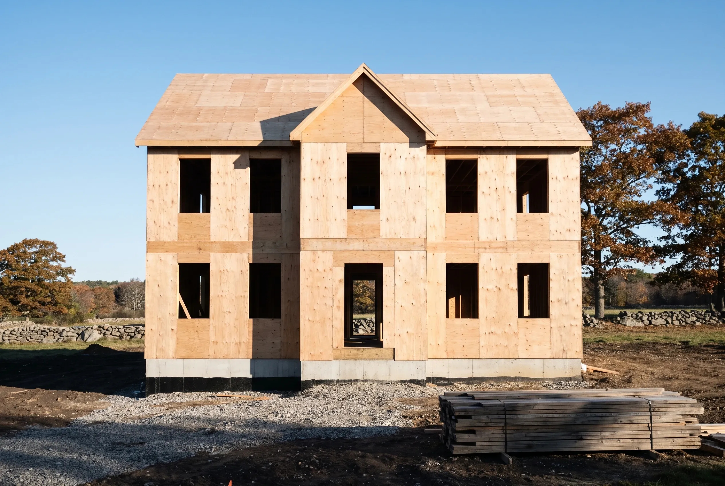 New construction home in Biddeford, ME: Two-story house with tan plywood sheathing, concrete foundation, gabled roof with asphalt shingles, multiple window openings, stack of lumber in foreground, rural setting with trees and stone wall.