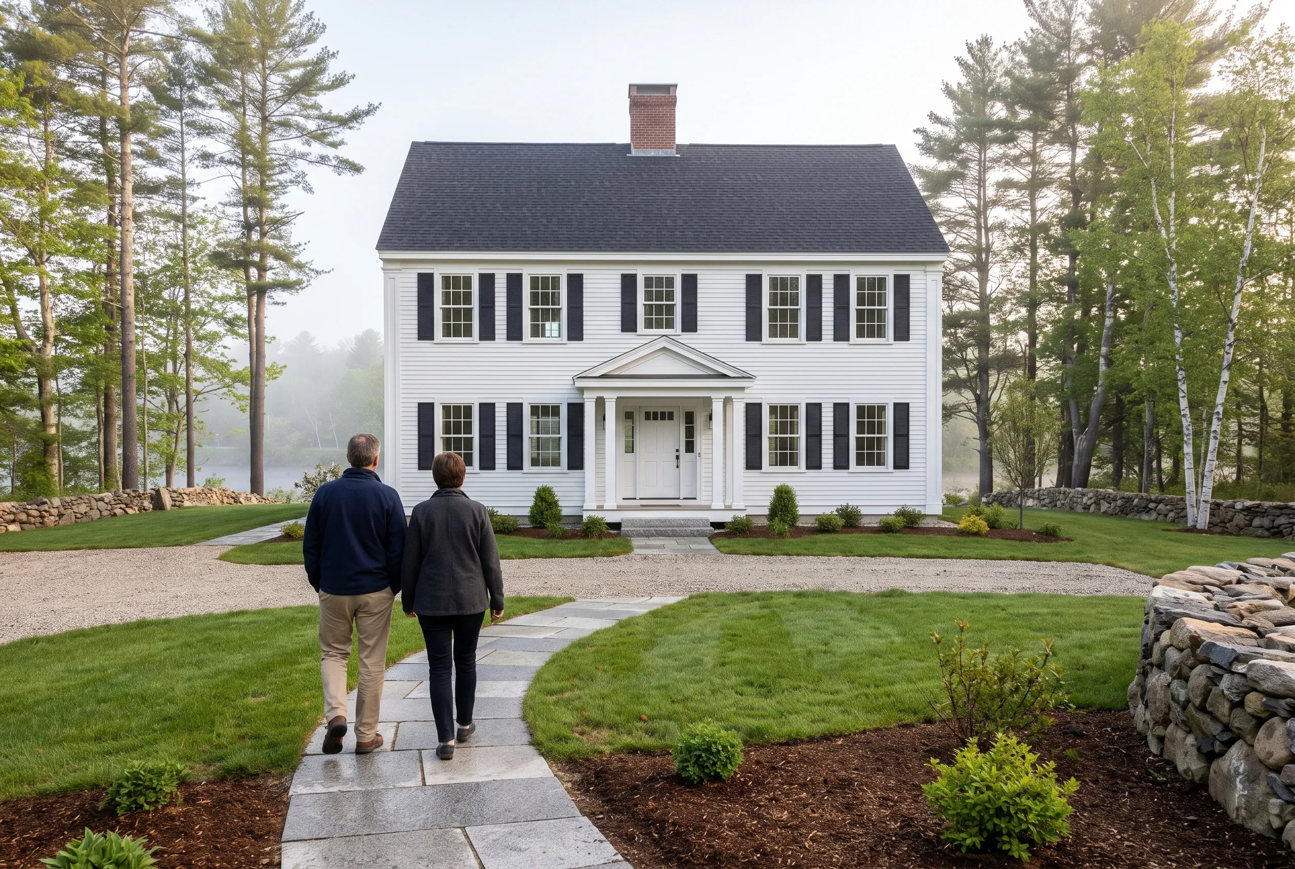 Colonial home in Biddeford, Maine: Two people walk on a stone path toward a two-story white house with black shutters, dark roof, and brick chimney, surrounded by evergreen trees and landscaped grounds near water.