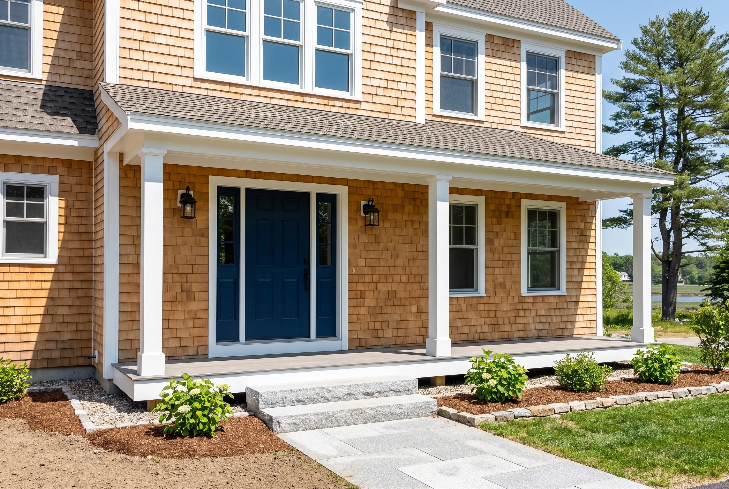 New colonial home in Biddeford, ME: Two-story house with tan cedar shake siding, white trim, and gray shingle roof. Front porch with white columns and blue double doors. Landscaped yard with shrubs and stone walkway.